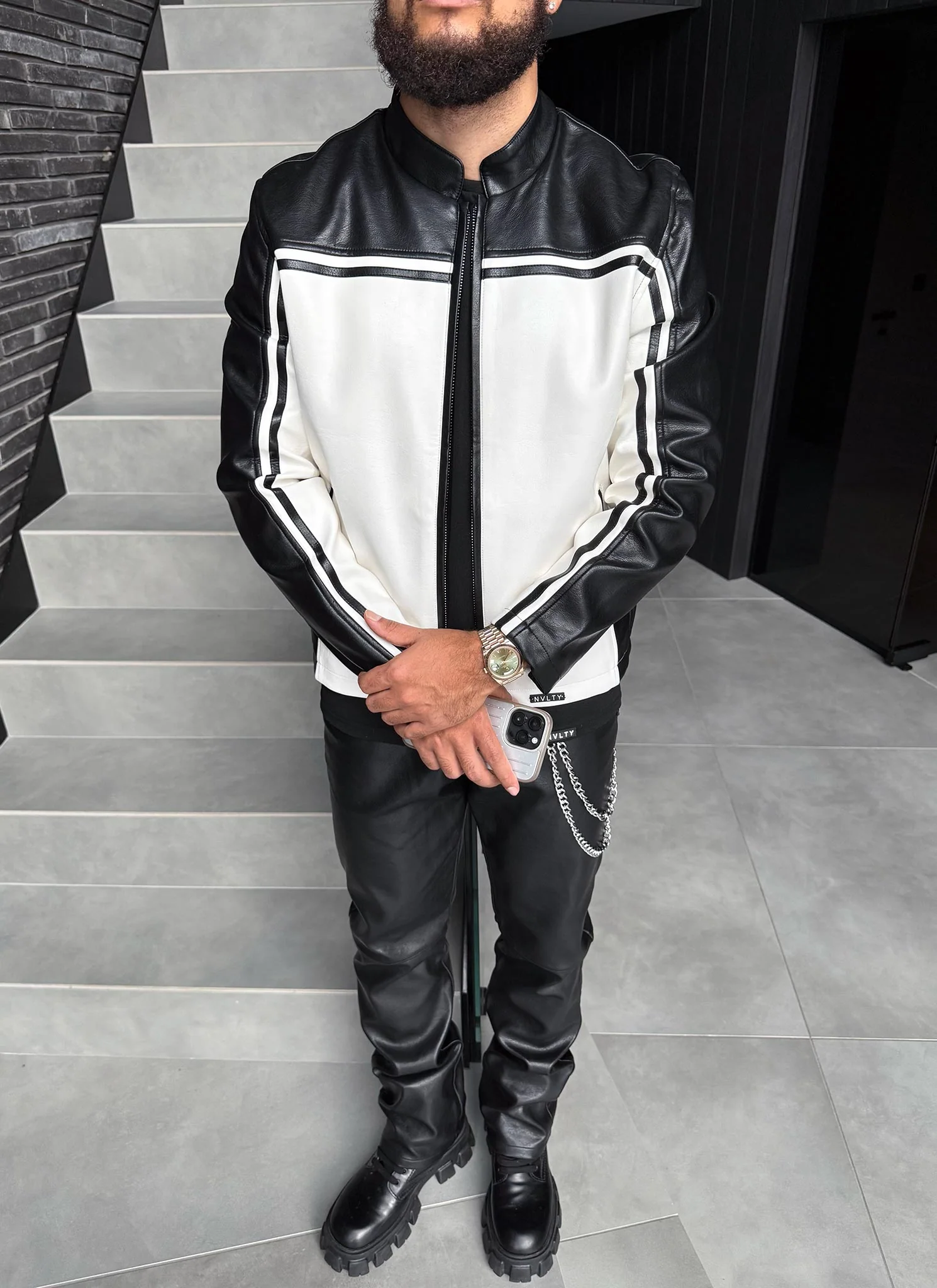 Moto Racer Biker Jacket - Black/Ivory - Image 11