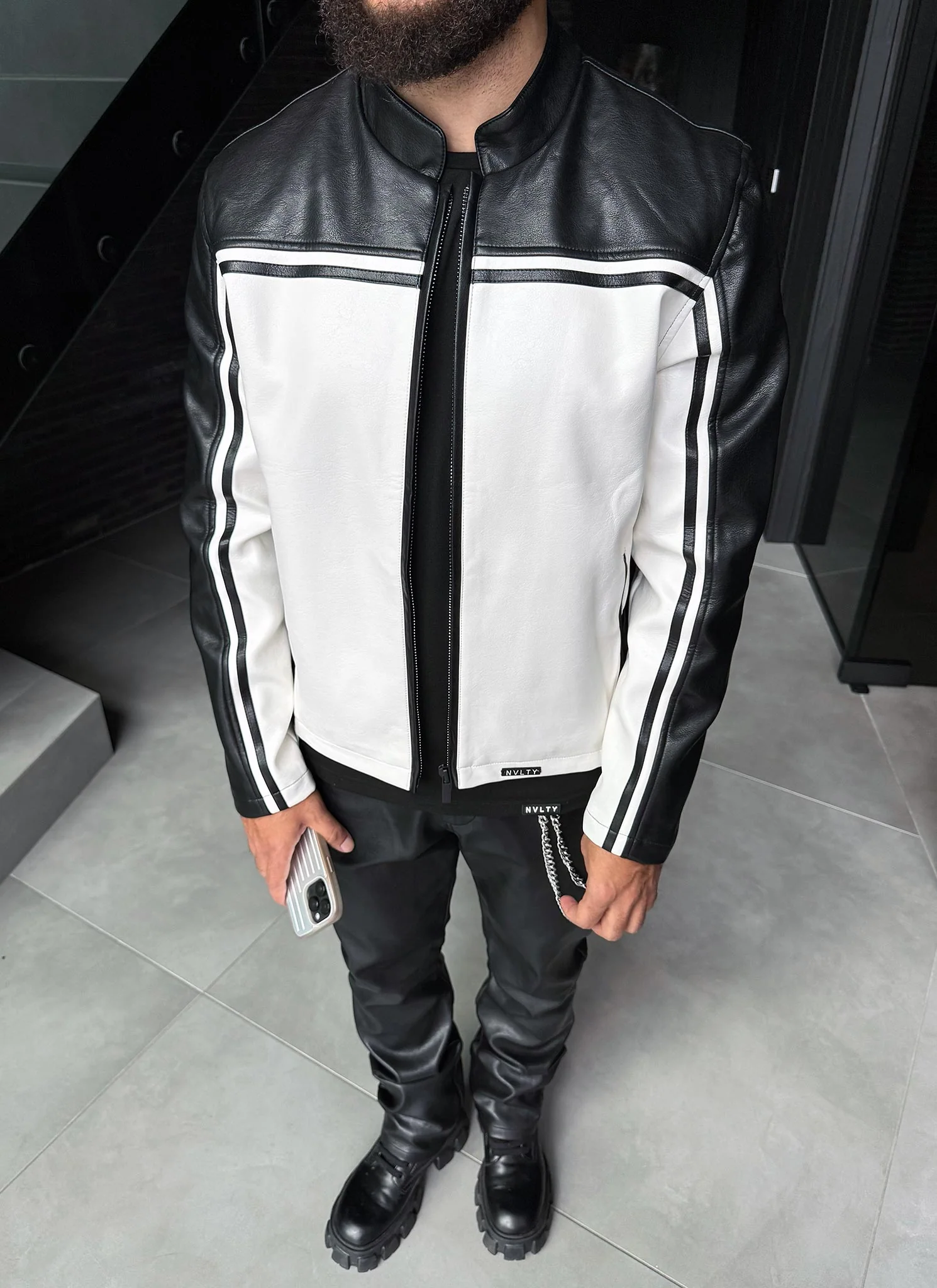 Moto Racer Biker Jacket - Black/Ivory - Image 13