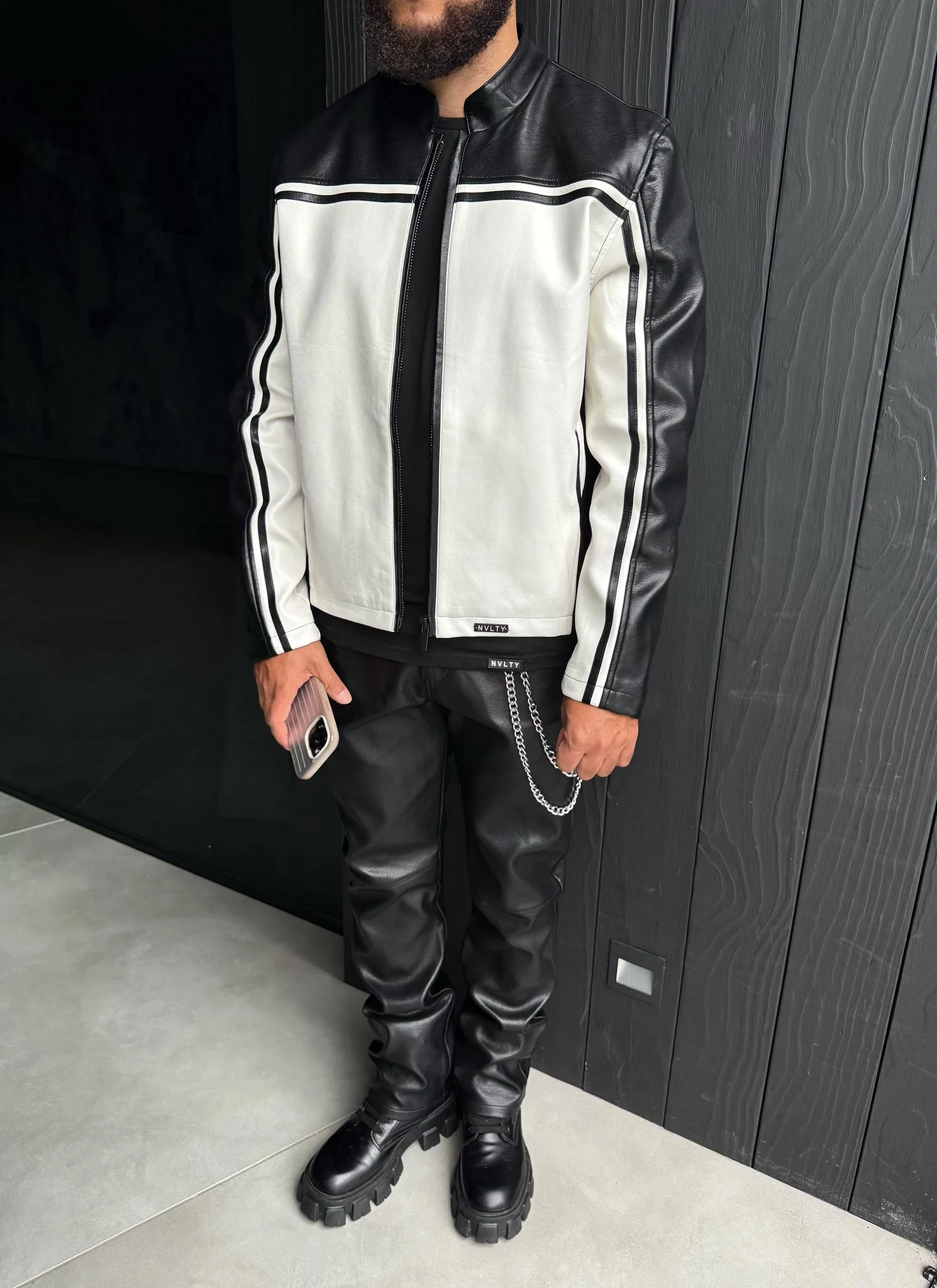 Moto Racer Biker Jacket - Black/Ivory - Image 14