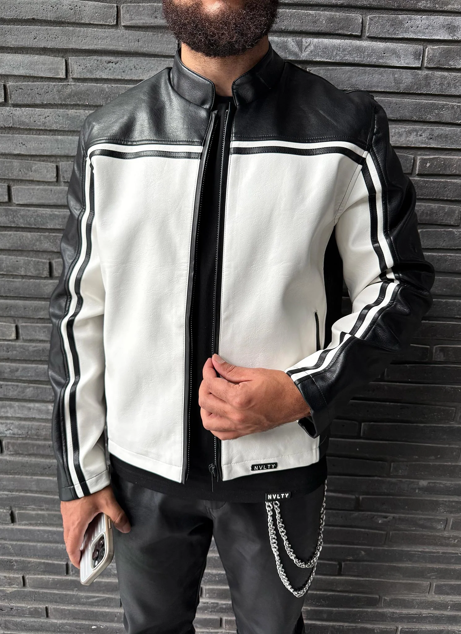 Moto Racer Biker Jacket - Black/Ivory - Image 2