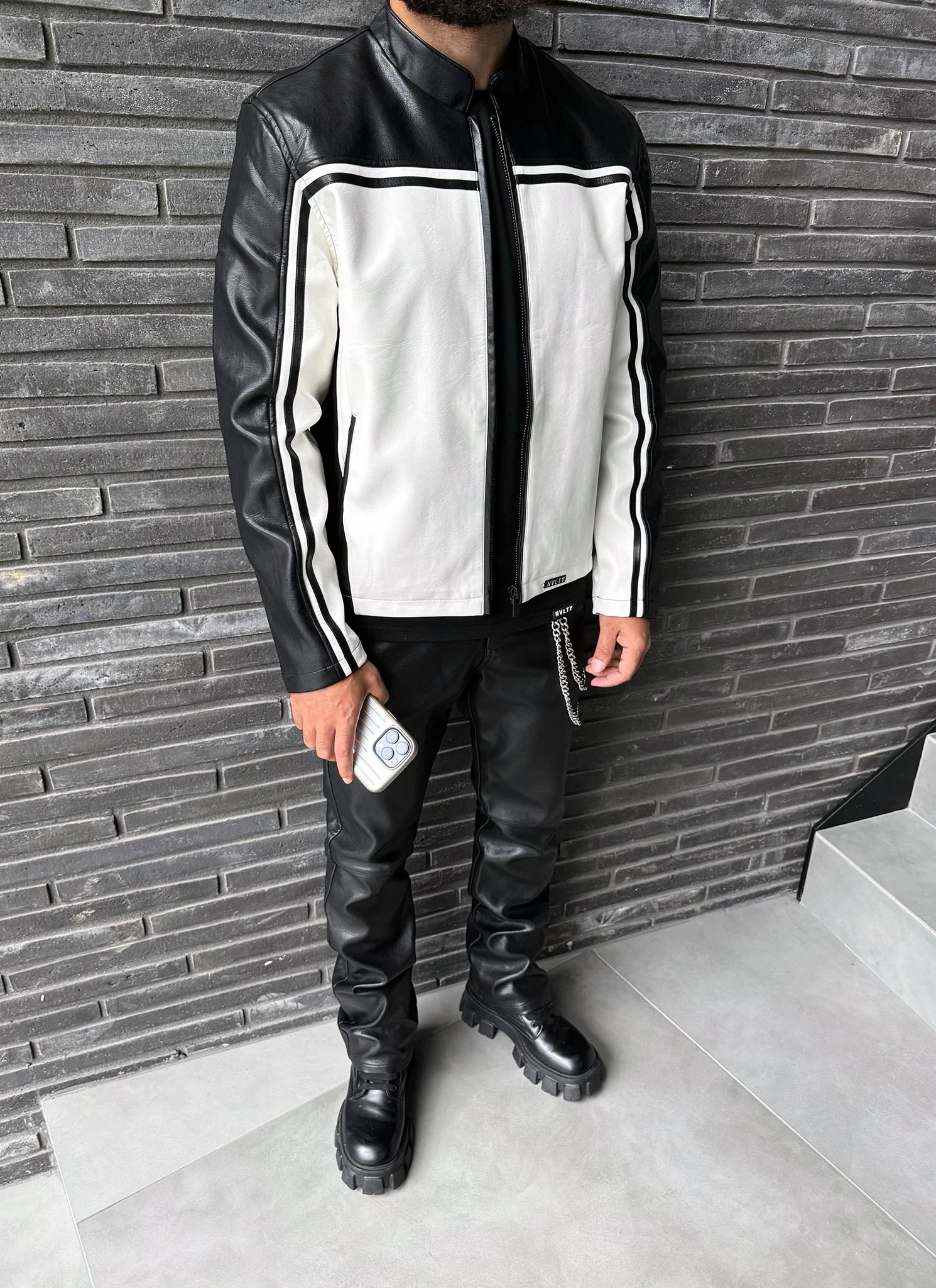 Moto Racer Biker Jacket - Black/Ivory - Image 4