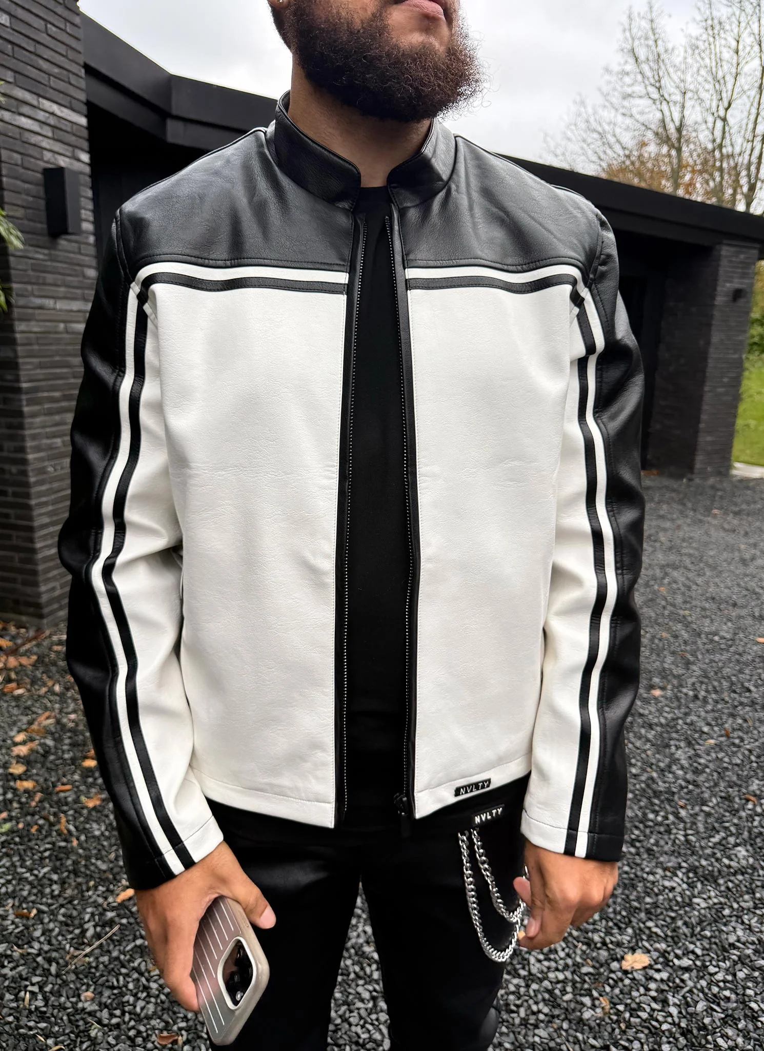 Moto Racer Biker Jacket - Black/Ivory - Image 6