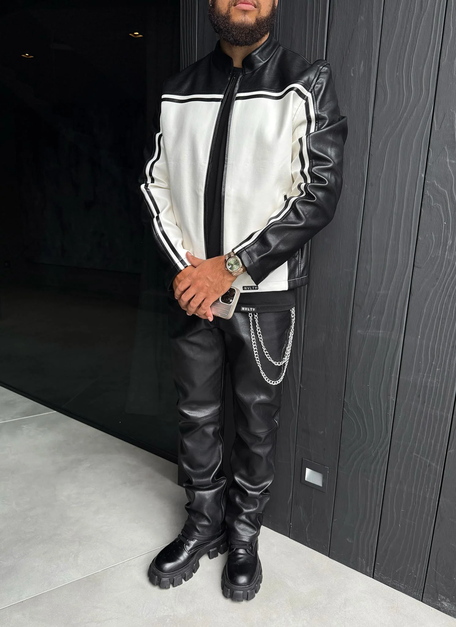 Moto Racer Biker Jacket - Black/Ivory - Image 7