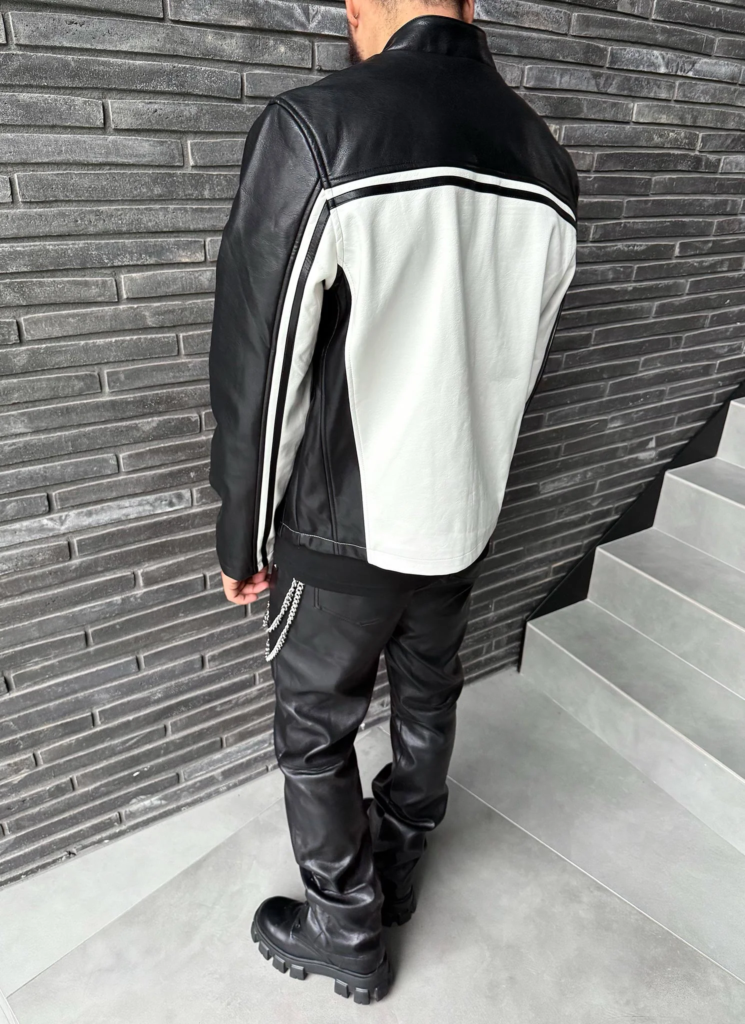 Moto Racer Biker Jacket - Black/Ivory - Image 8