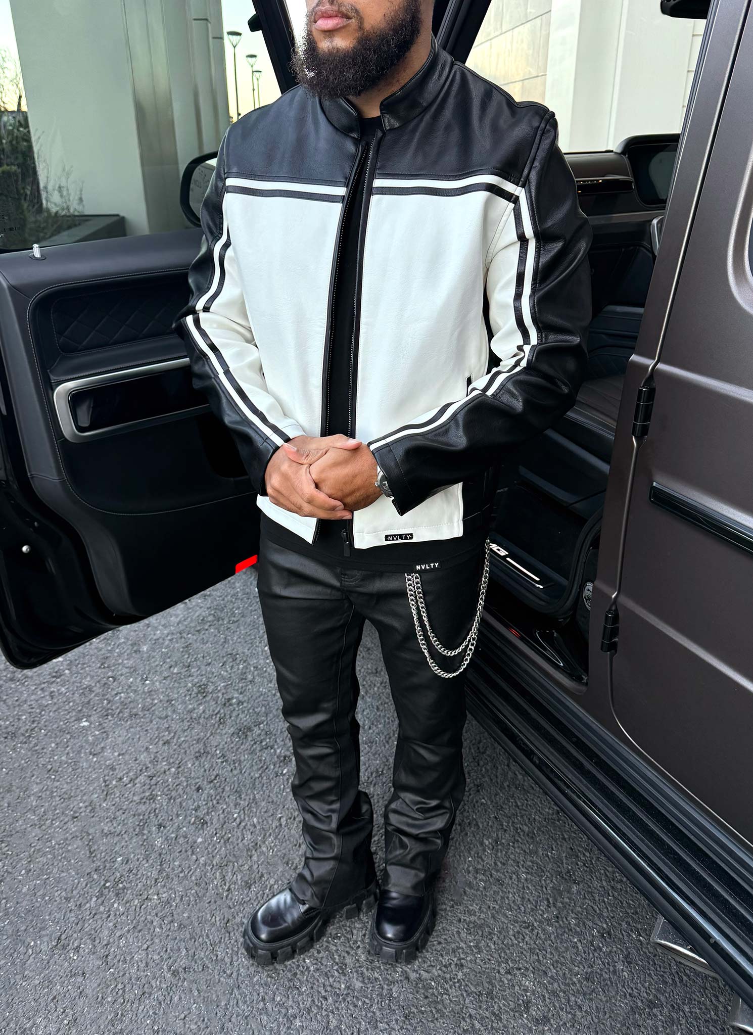 Moto Racer Biker Jacket - Black/Ivory - Image 9