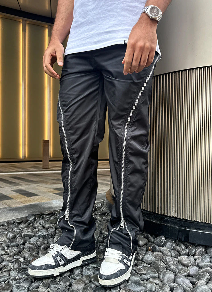 Nylon Flare Zipper Pants - Black - Image 7
