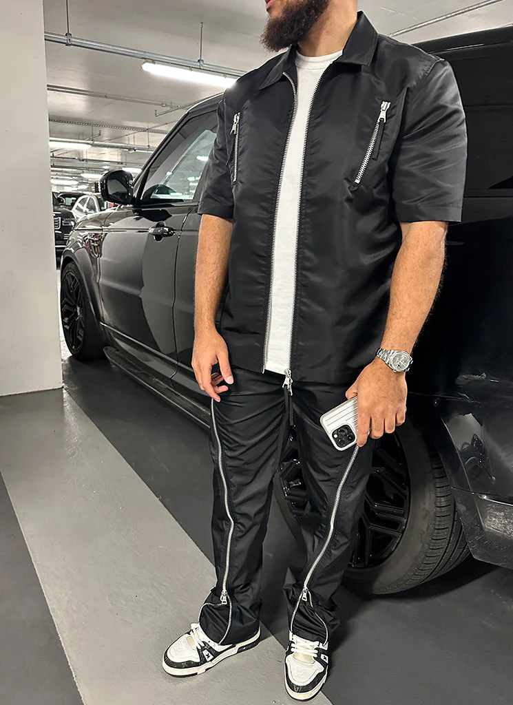 Nylon Flare Zipper Pants - Black - Image 8
