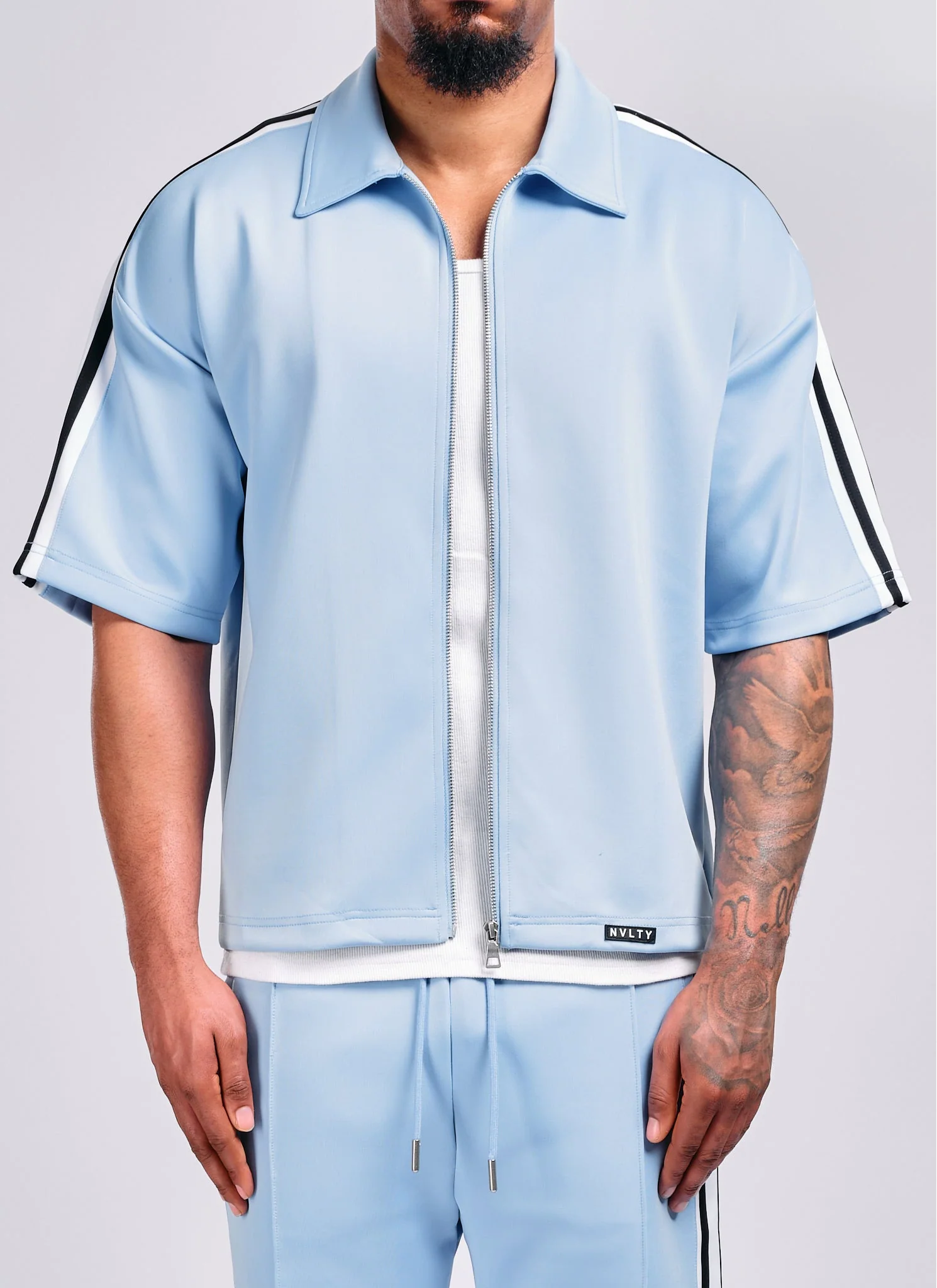 Panelled Luxe Track Shirt - Baby Blue