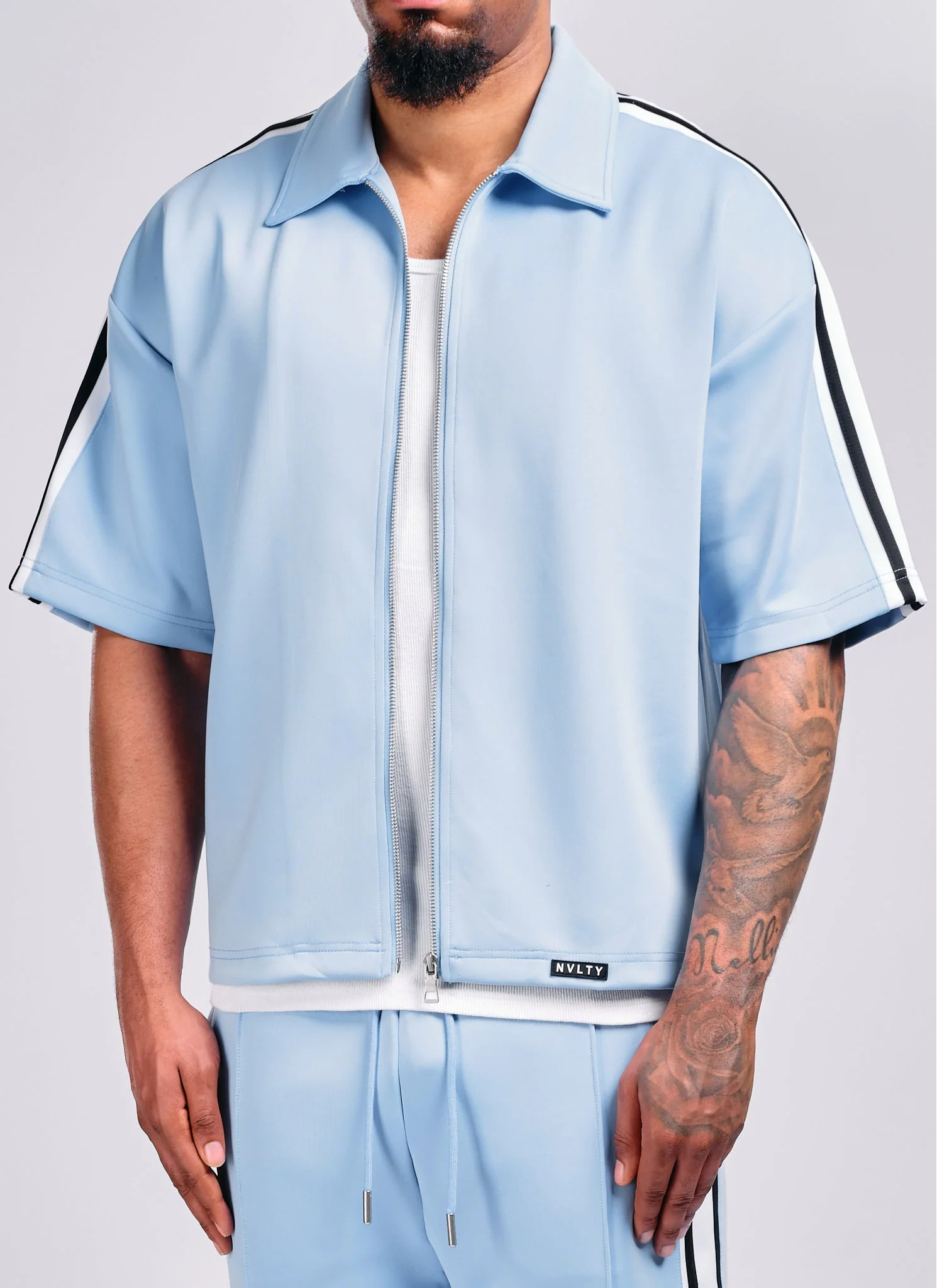 Panelled Luxe Track Shirt - Baby Blue - Image 7