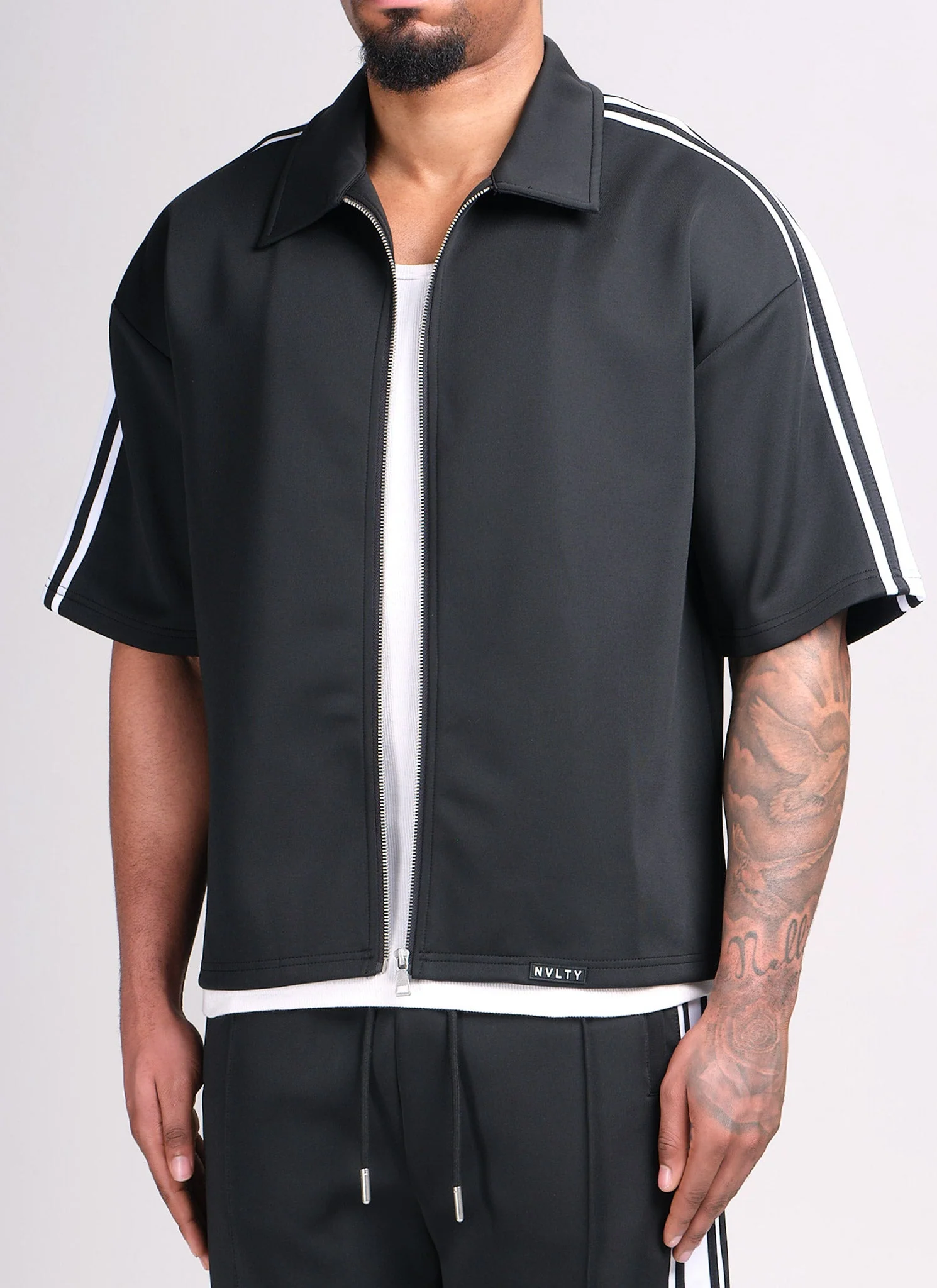 Panelled Luxe Track Shirt - Black - Image 5
