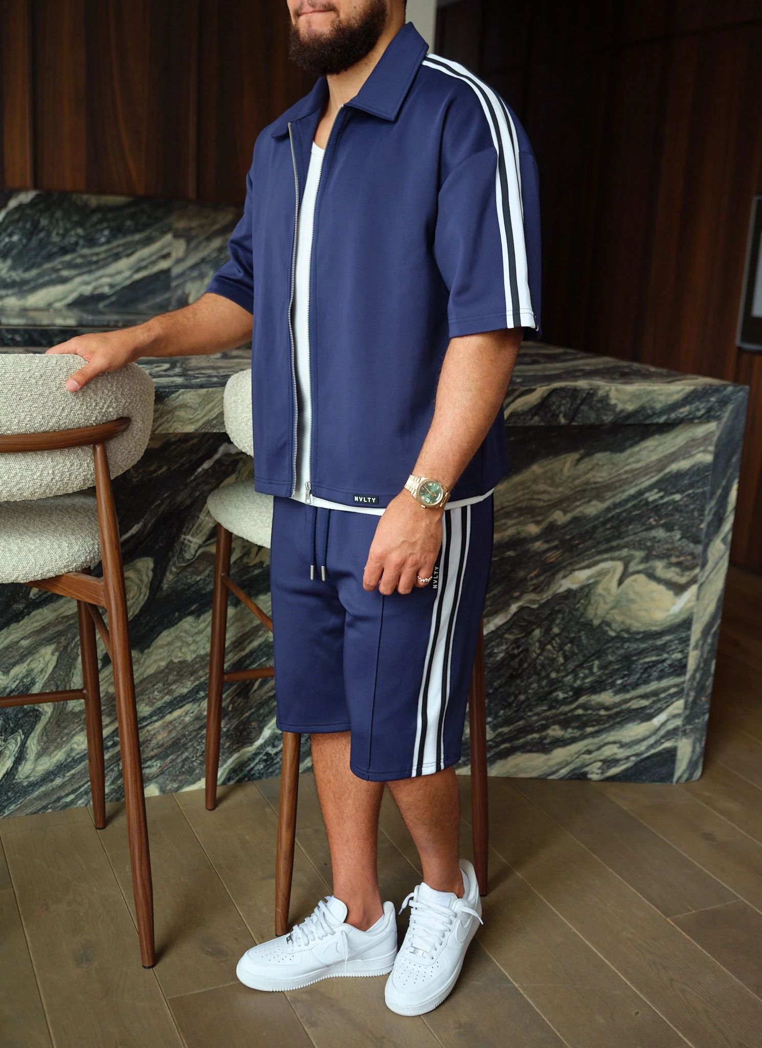 Panelled Luxe Track Shirt - Navy - Image 2