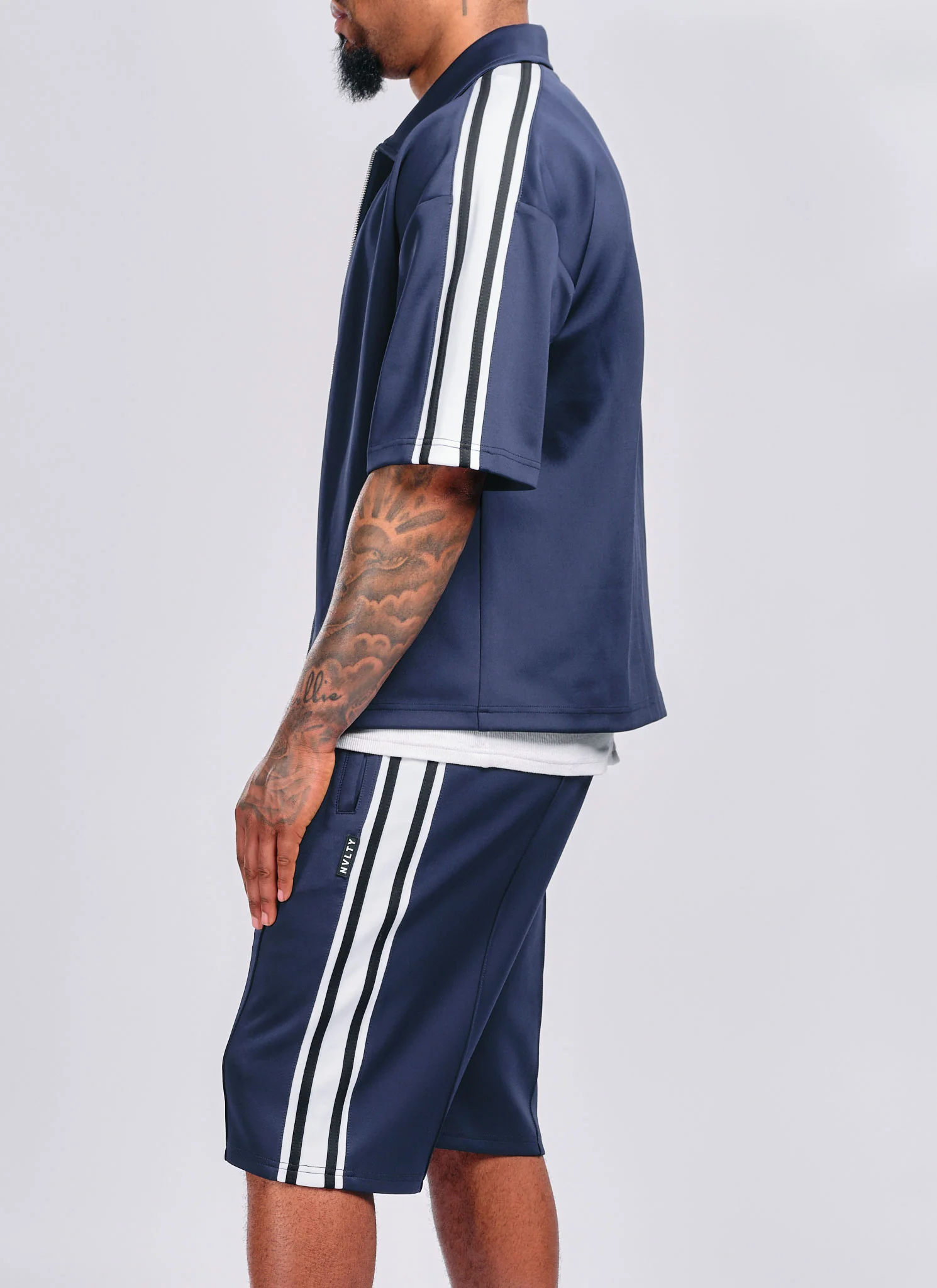 Panelled Luxe Track Shirt - Navy - Image 3