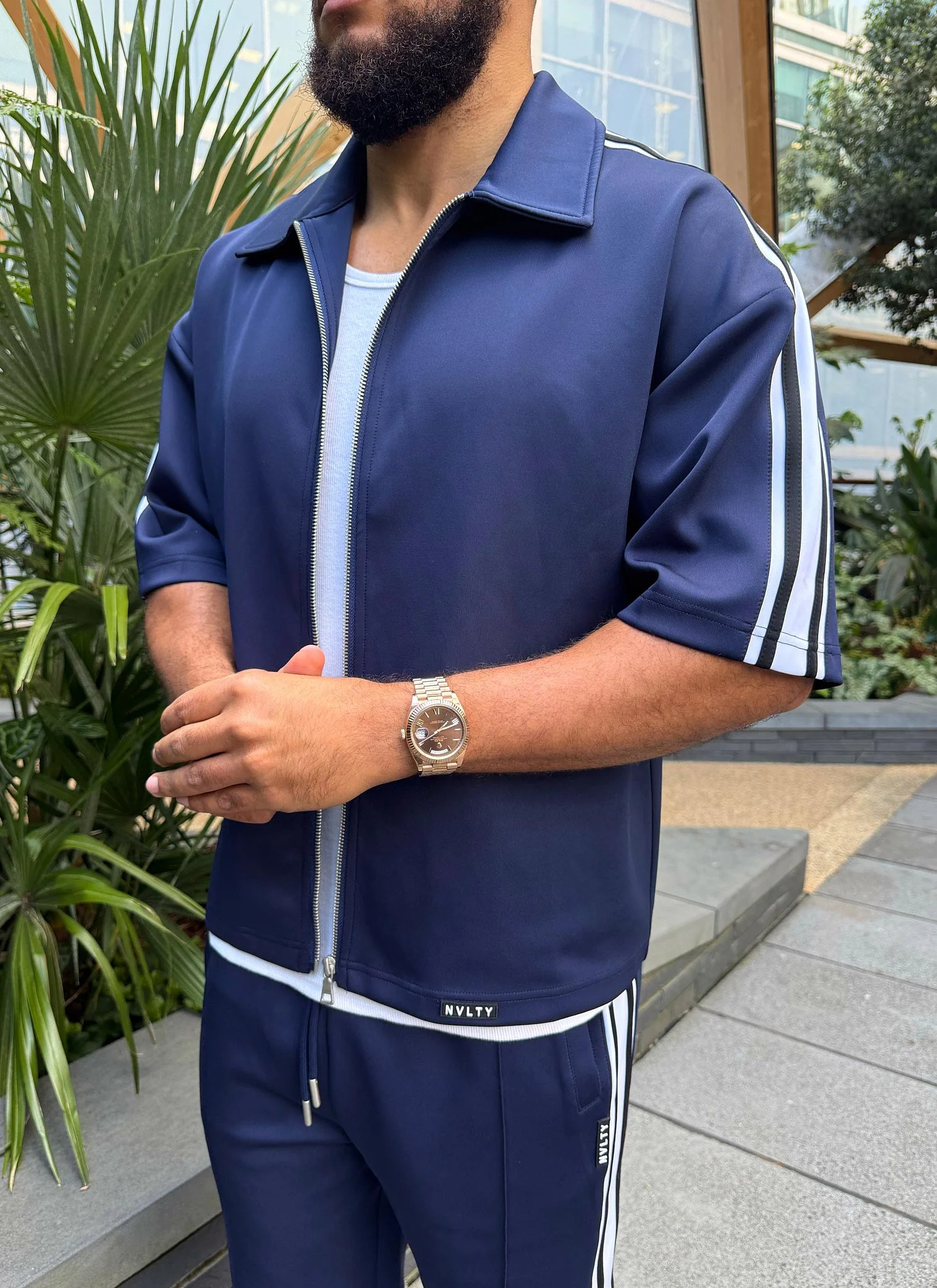 Panelled Luxe Track Shirt - Navy - Image 4