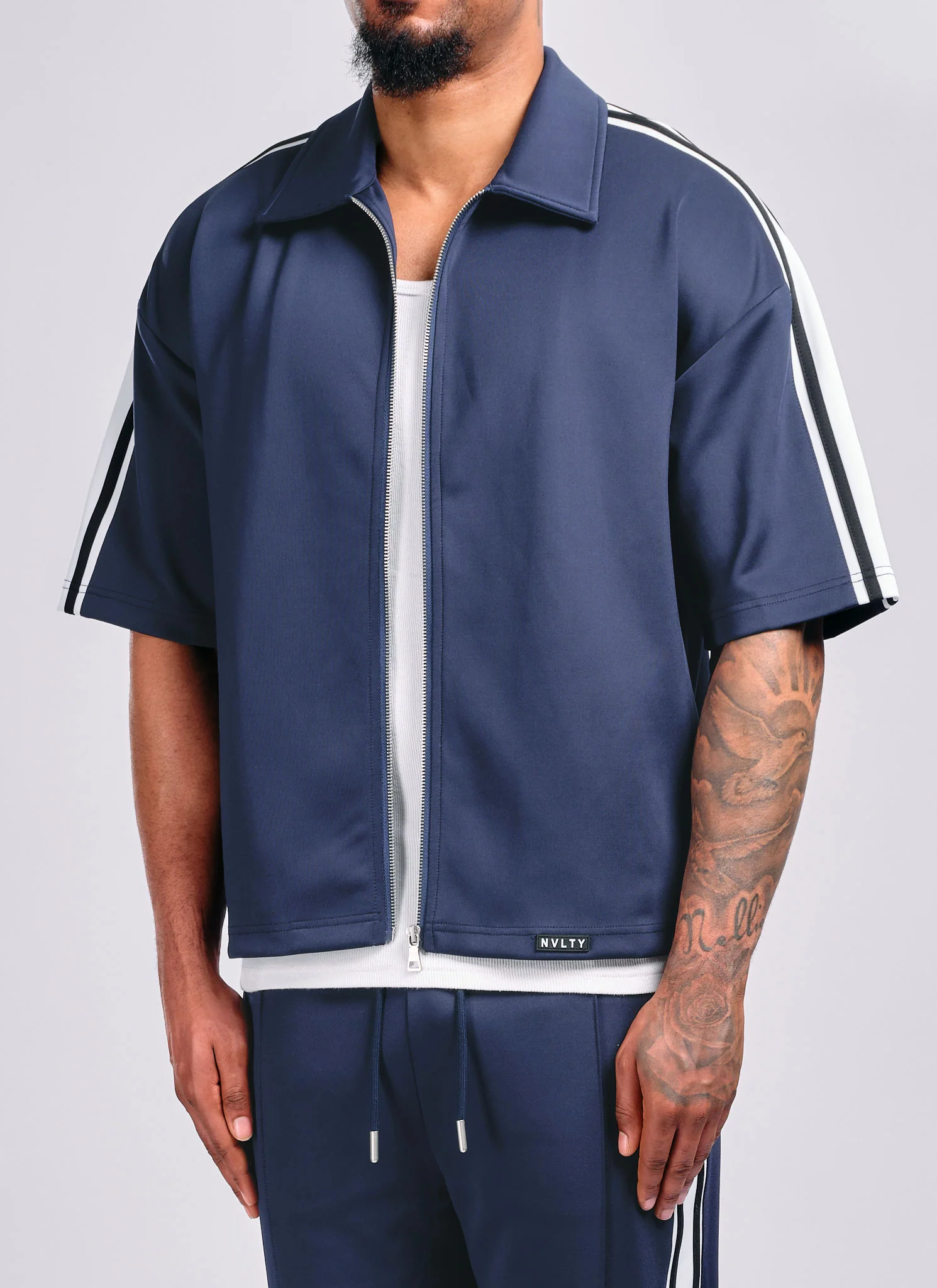Panelled Luxe Track Shirt - Navy - Image 5