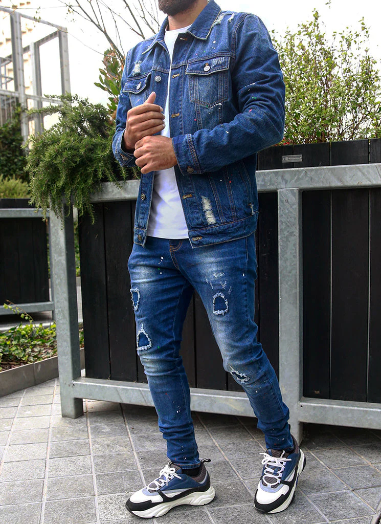 Patchwork Paint Jeans - Dark Blue - Image 10