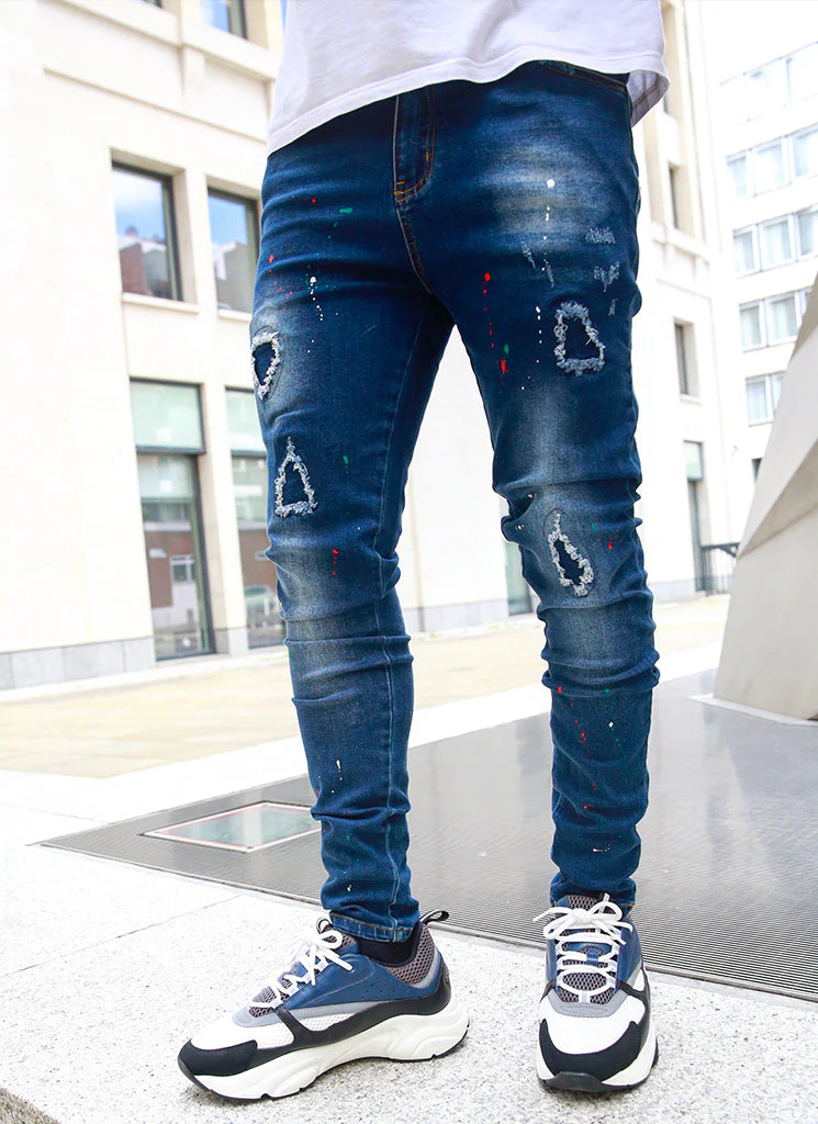 Patchwork Paint Jeans - Dark Blue - Image 3
