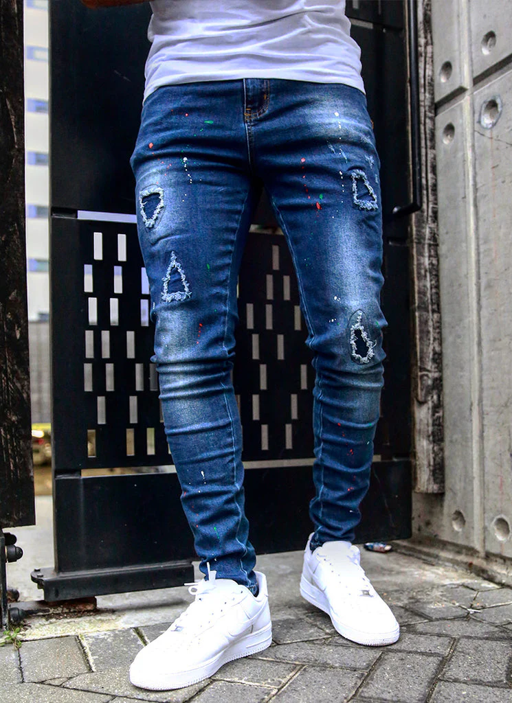Patchwork Paint Jeans - Dark Blue - Image 6