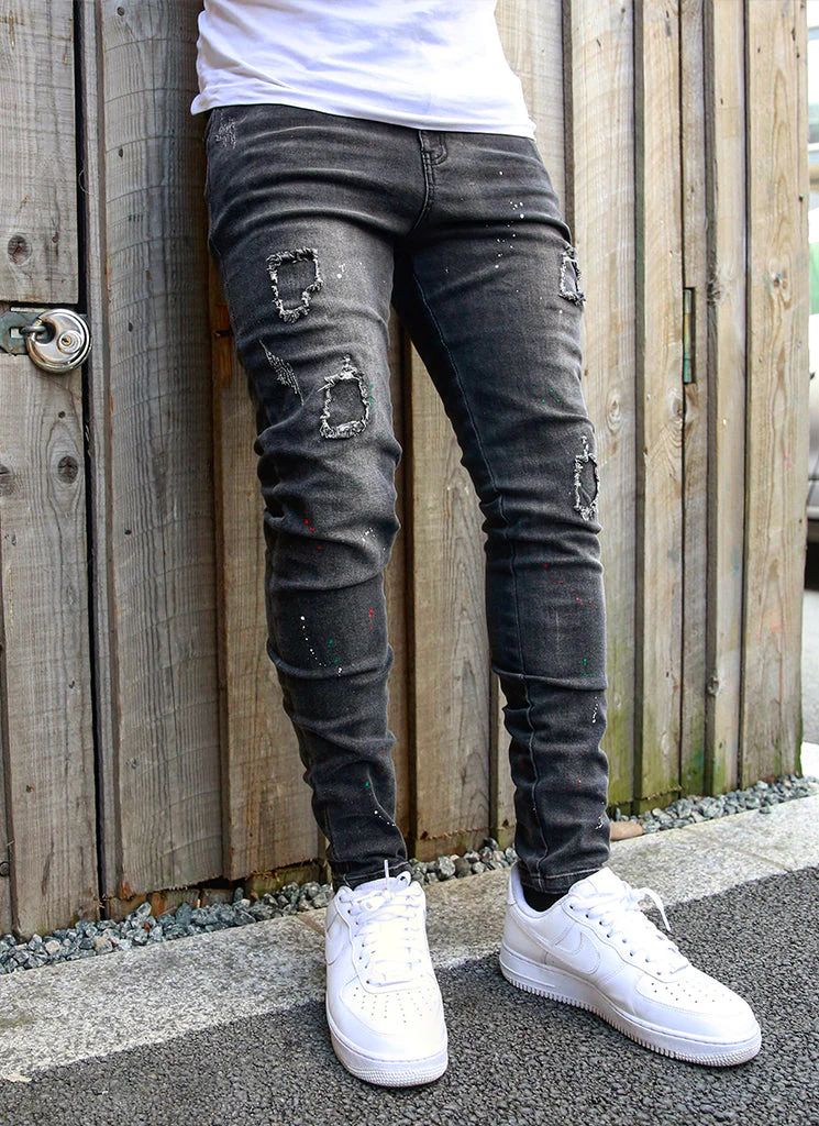 Patchwork Paint Jeans - Grey - Image 3