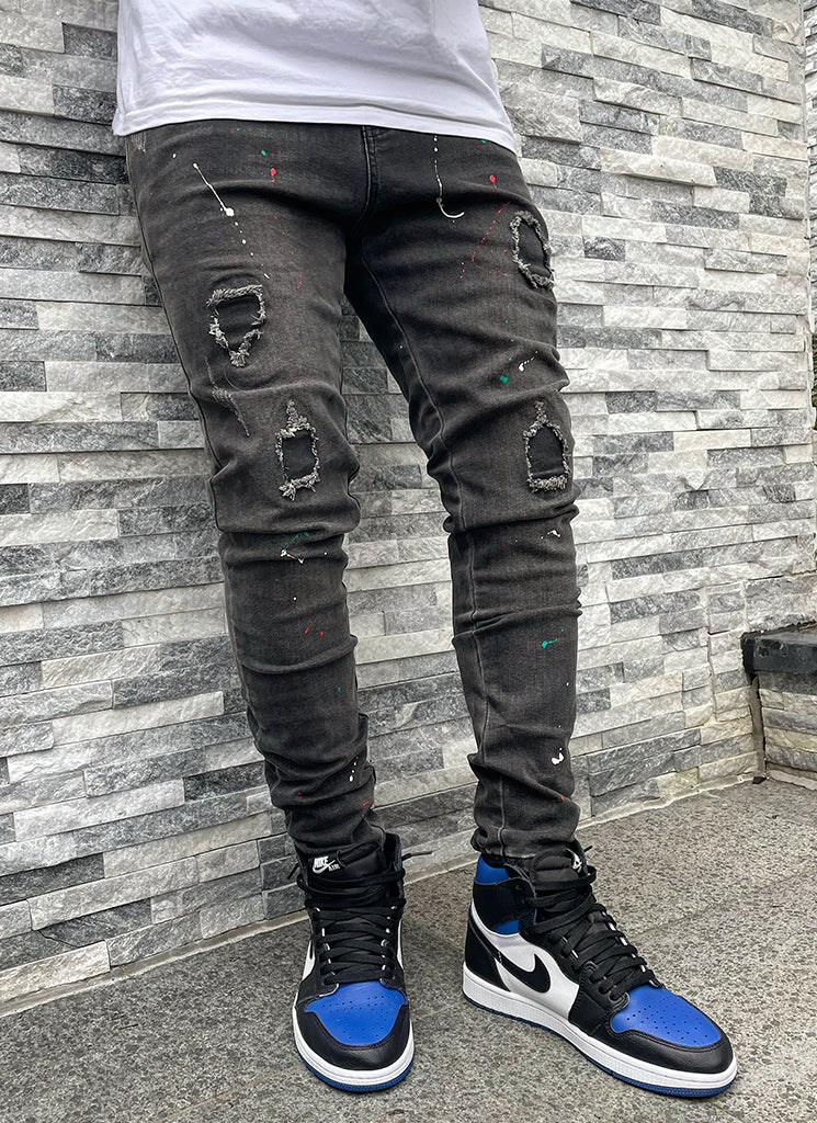 Patchwork Paint Jeans - Grey - Image 5