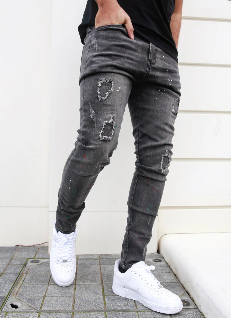 Patchwork Paint Jeans - Grey - Image 8