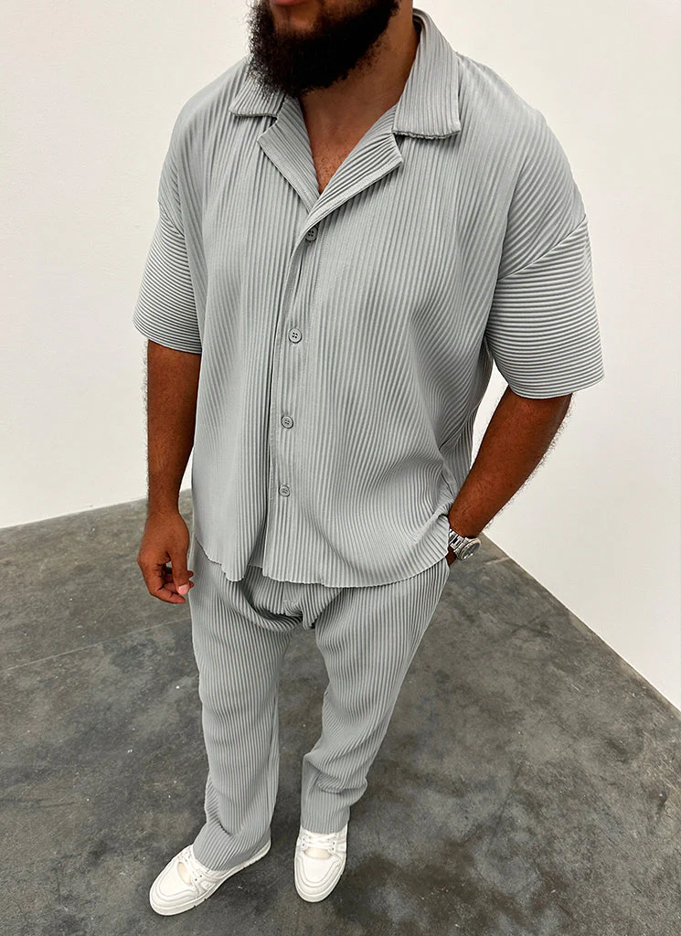 Pleated Drop Shoulder Shirt - Grey - Image 6
