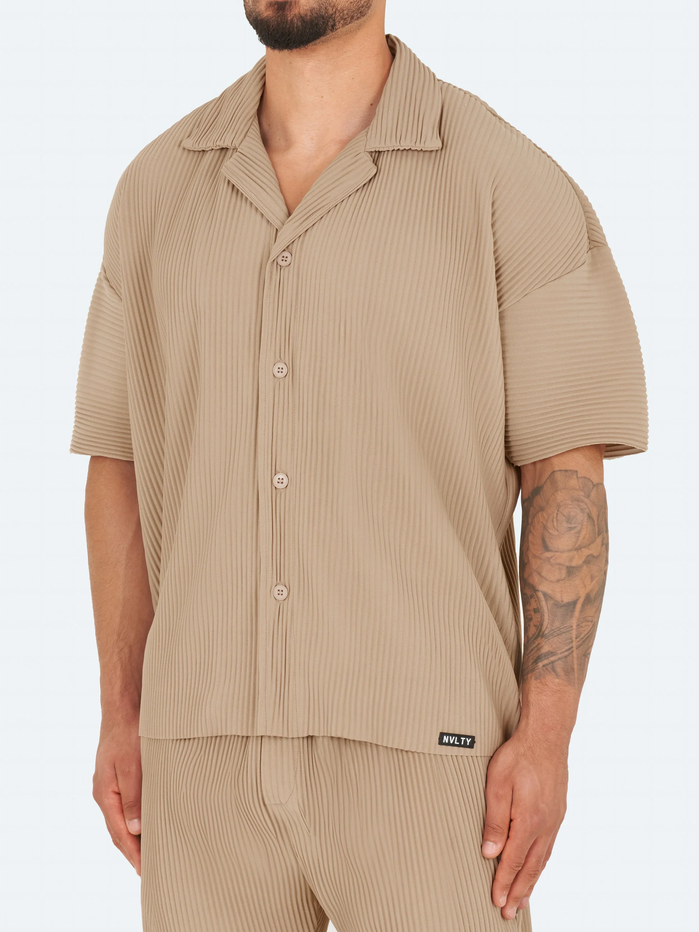 Pleated Drop Shoulder Shirt - Stone - Image 2