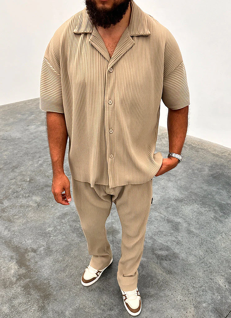Pleated Drop Shoulder Shirt - Stone - Image 3