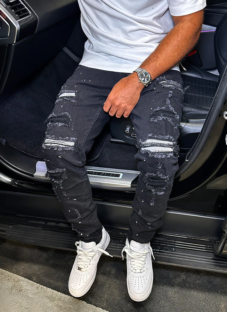 Repaired Paint Jeans - Black - Image 3