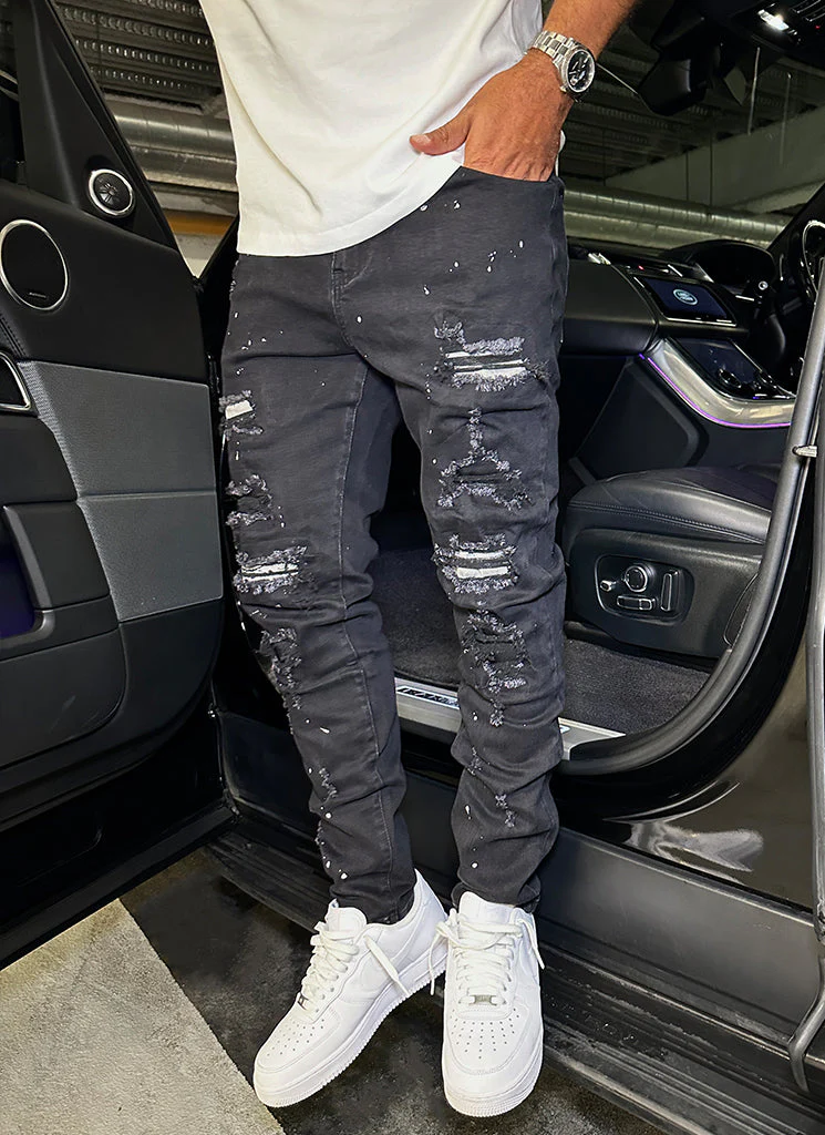 Repaired Paint Jeans - Black - Image 5