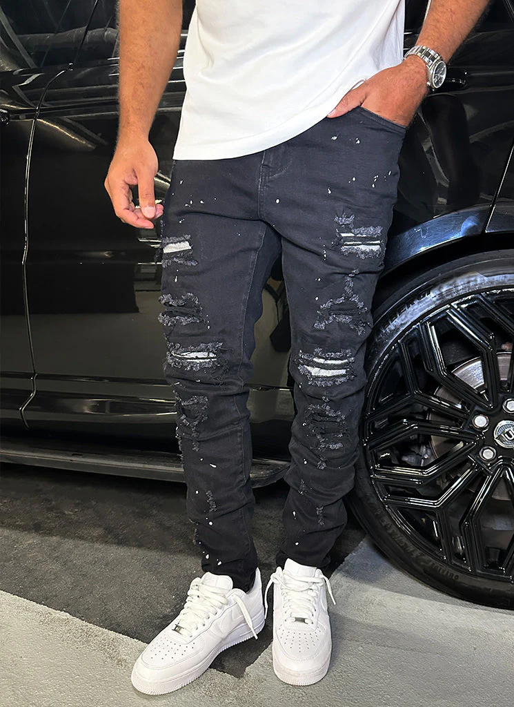 Repaired Paint Jeans - Black - Image 7