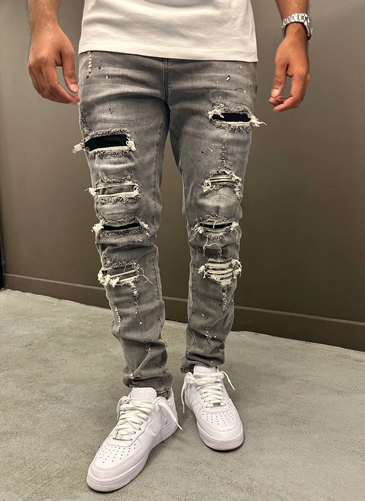 Repaired Paint Jeans - Light Grey - Image 5