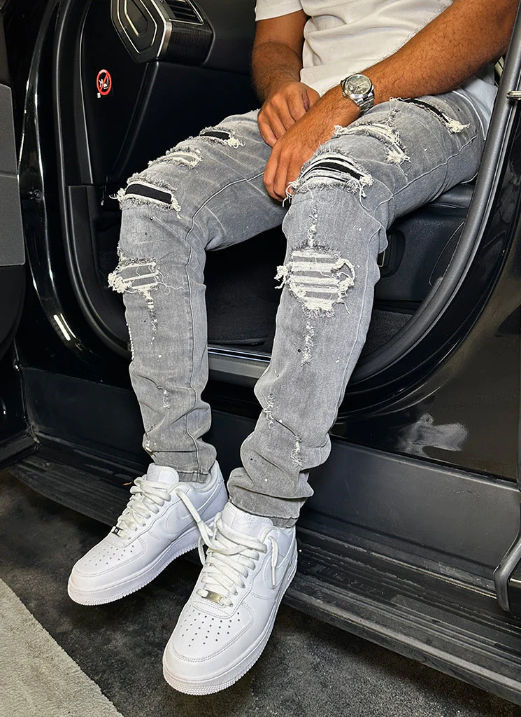 Repaired Paint Jeans - Light Grey - Image 6