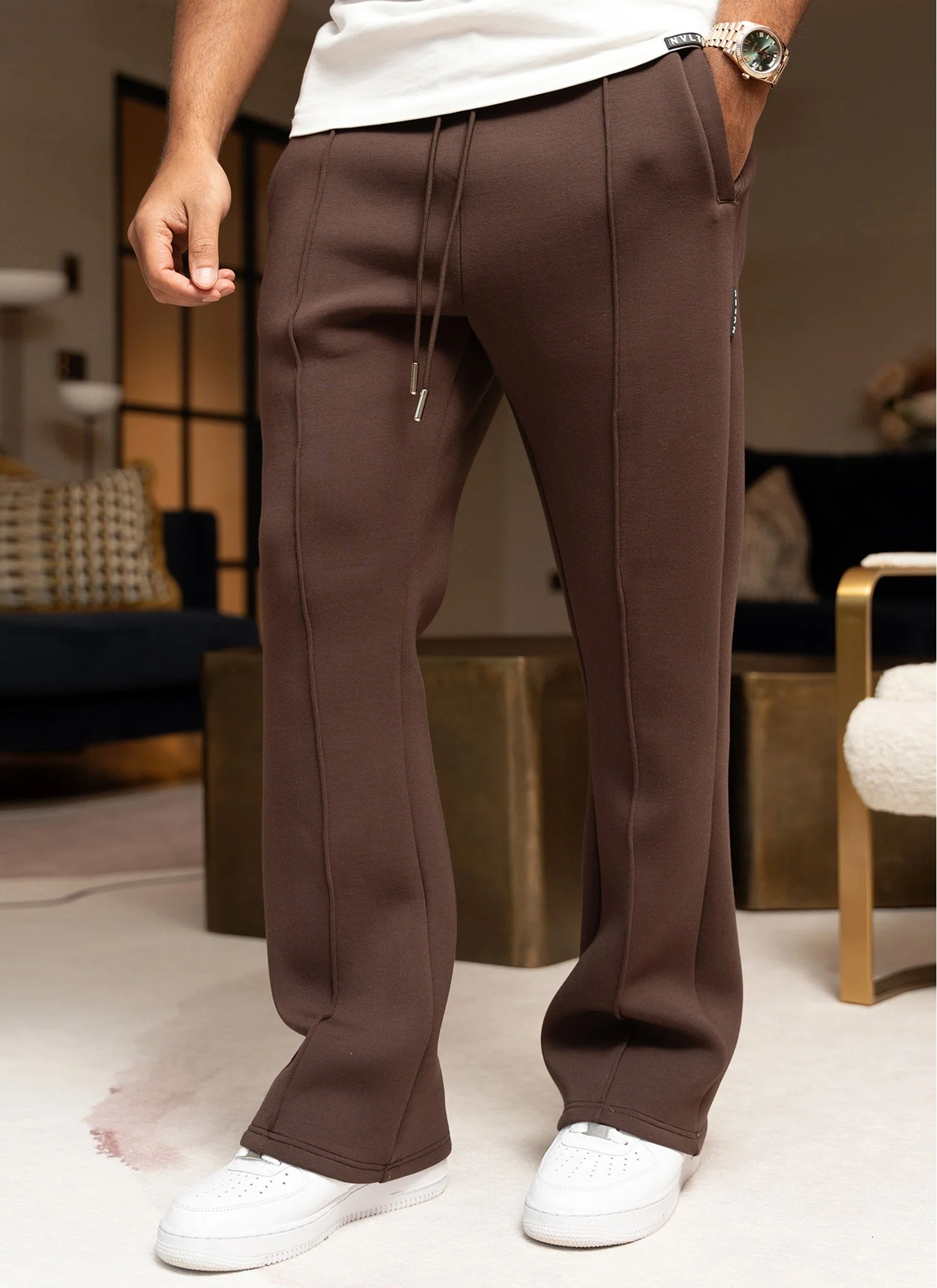 Scuba Structured Flare Pleat Joggers - Brown - Image 3