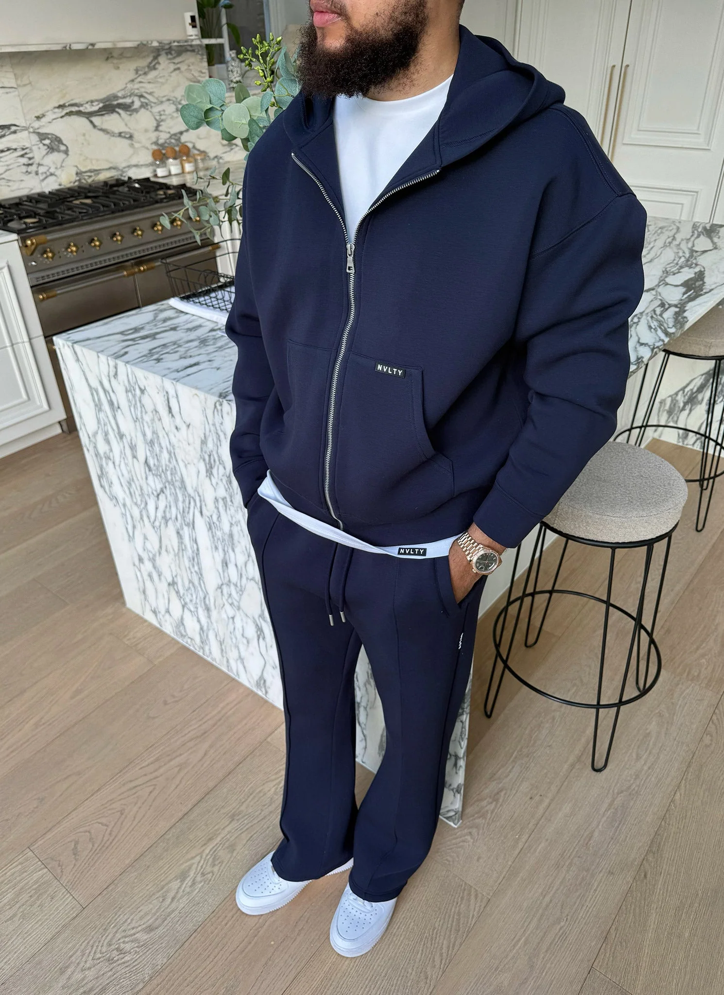 Scuba Structured Flare Pleat Joggers - Navy - Image 10