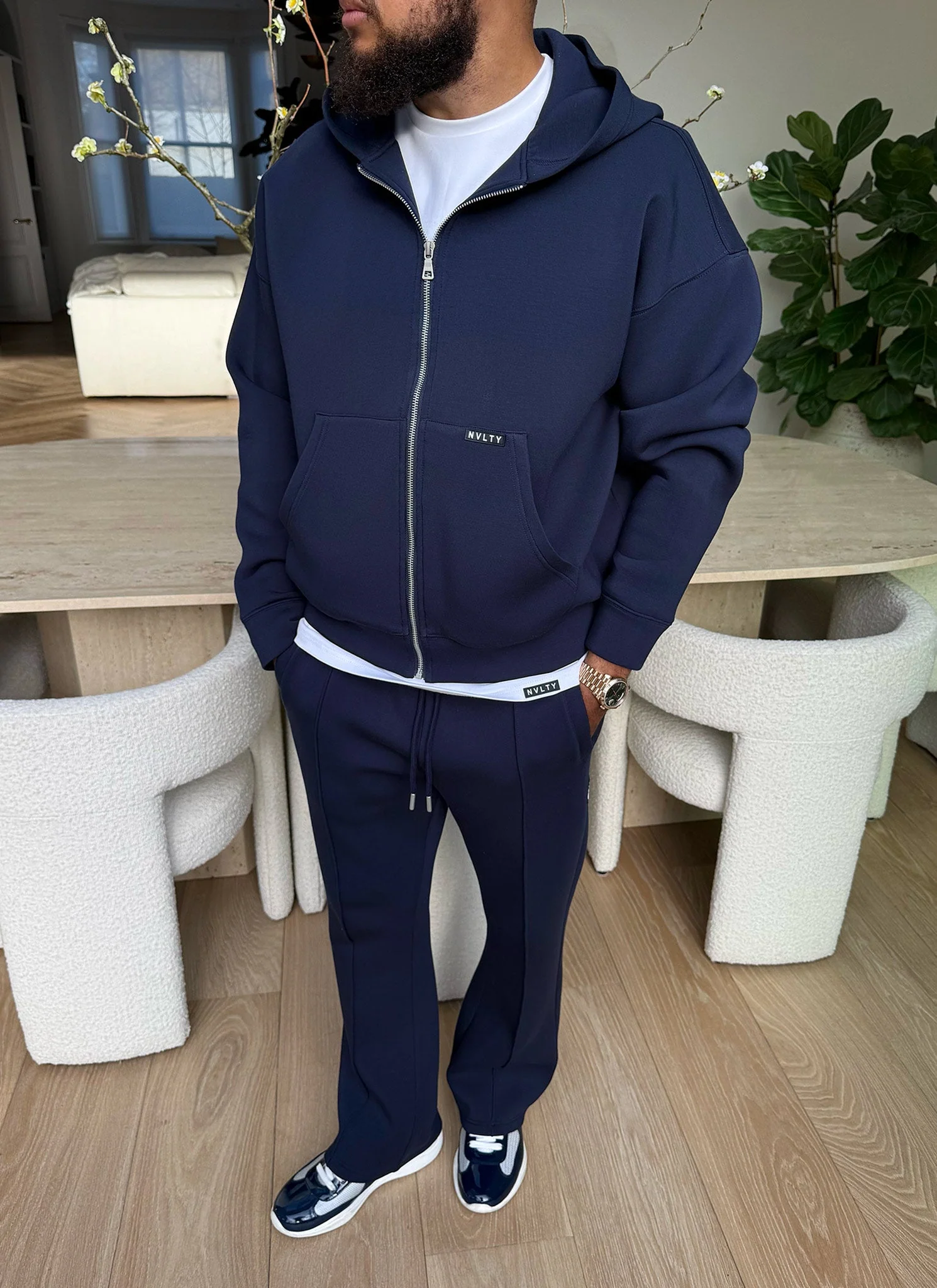 Scuba Structured Flare Pleat Joggers - Navy - Image 14