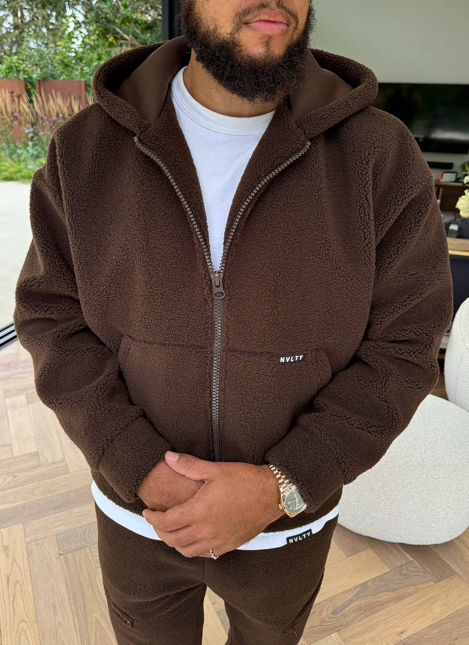 Sherpa Zip Hoodie - Brown - Image 11