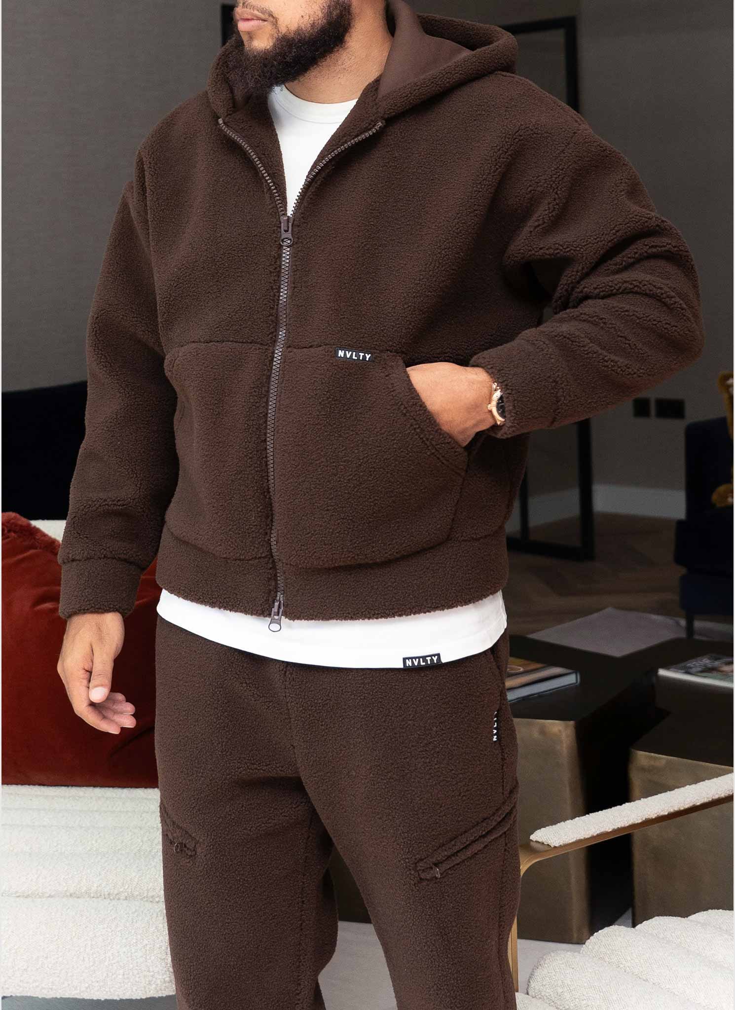 Sherpa Zip Hoodie - Brown - Image 13