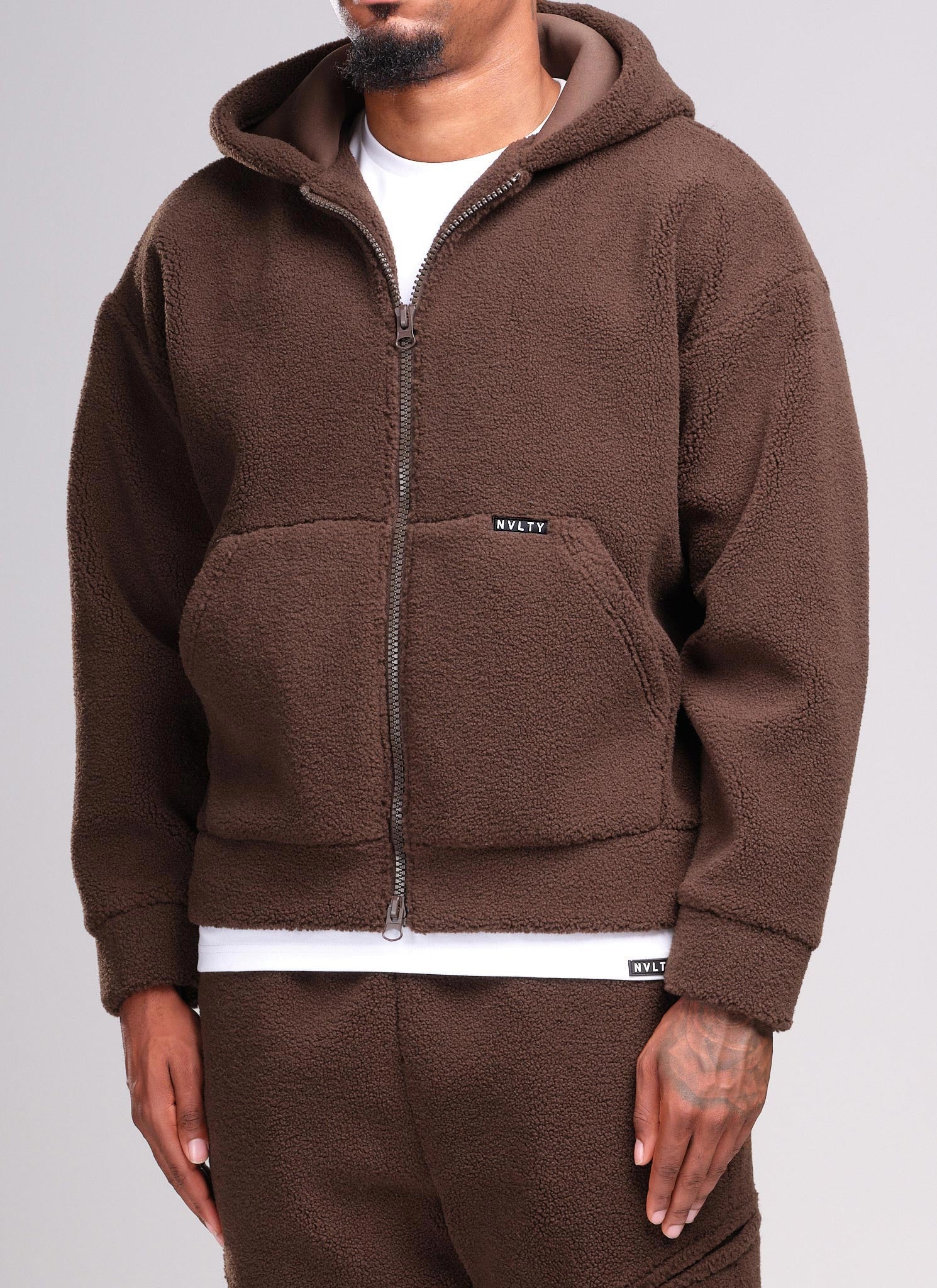 Sherpa Zip Hoodie - Brown - Image 2