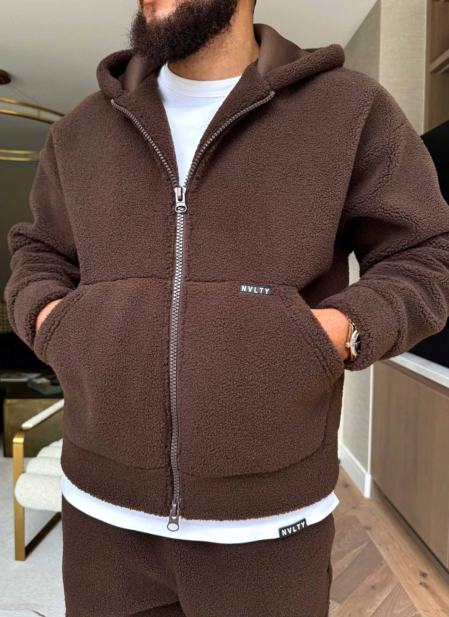 Sherpa Zip Hoodie - Brown - Image 7