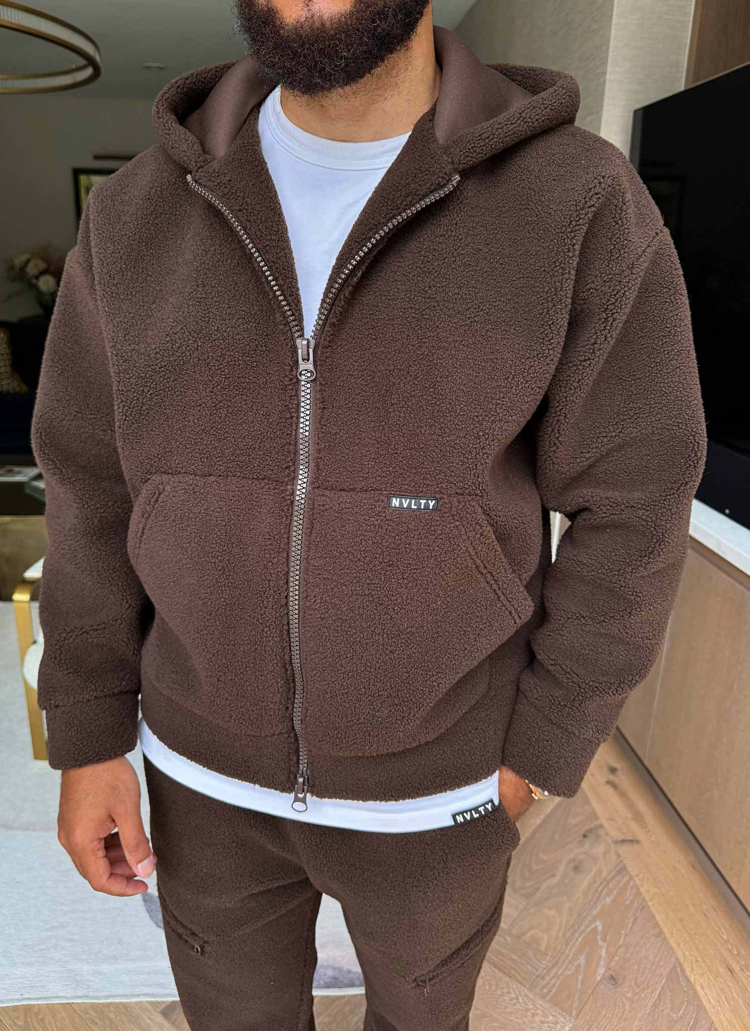 Sherpa Zip Hoodie - Brown - Image 9
