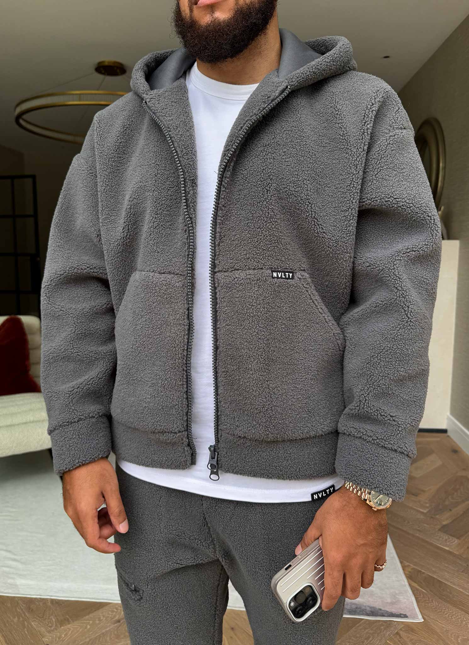 Sherpa Zip Hoodie - Grey - Image 10