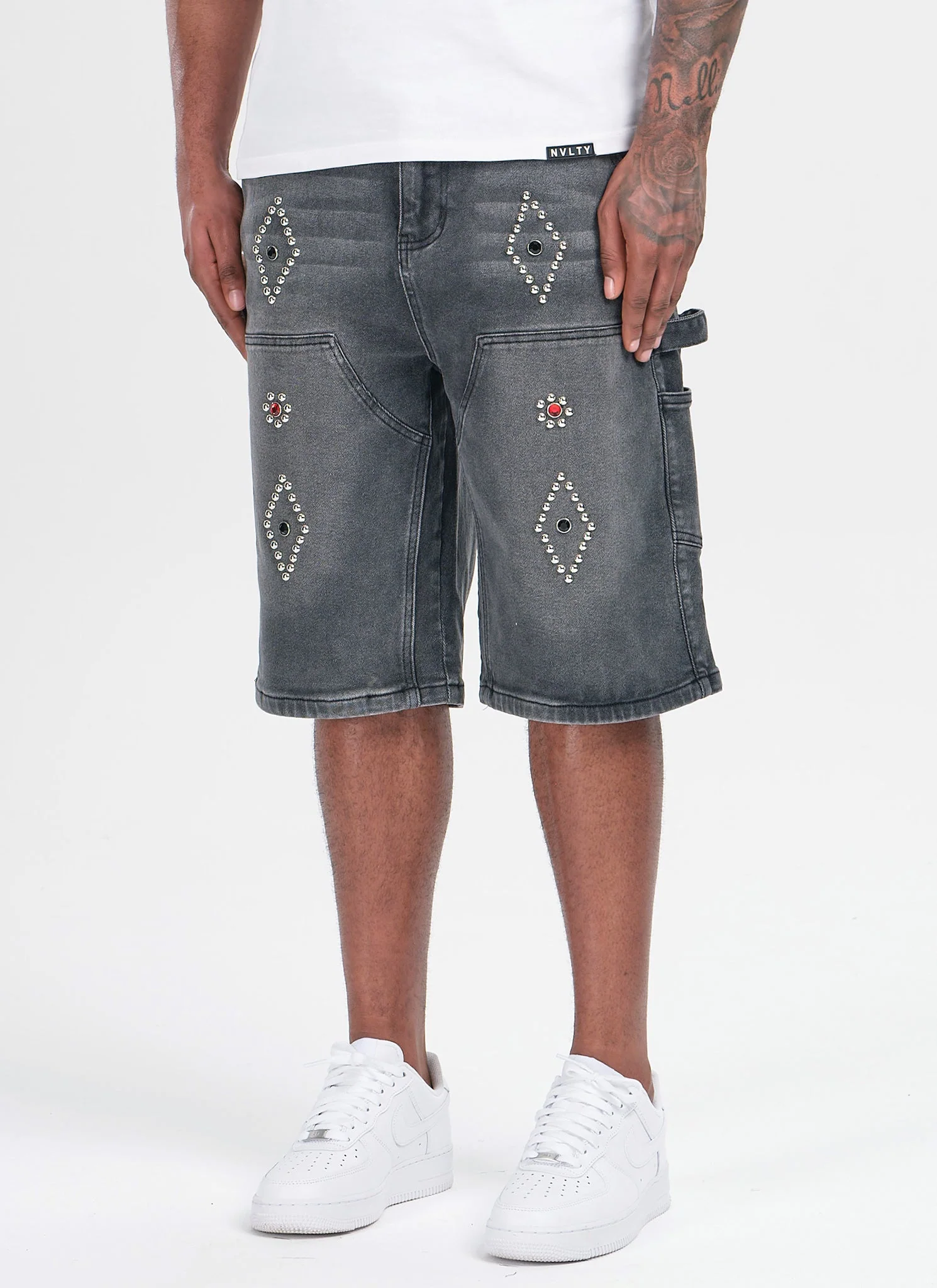 Vintage Carpenter Studded Denim Shorts - Black - Image 3