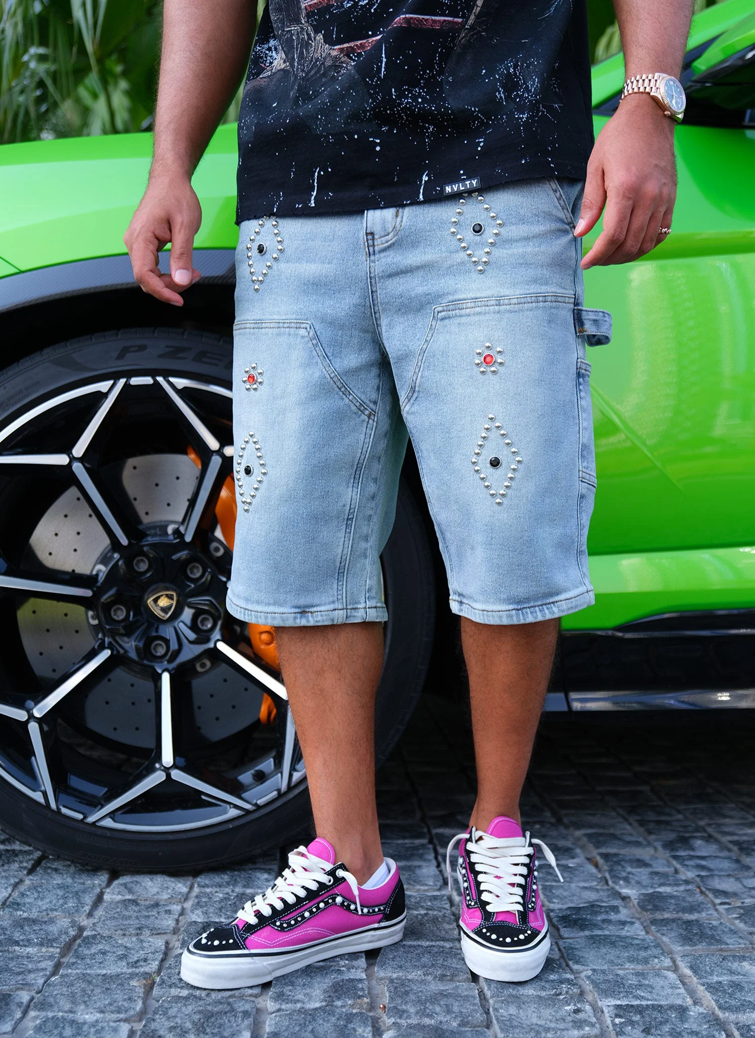 Vintage Carpenter Studded Denim Shorts - Blue - Image 2