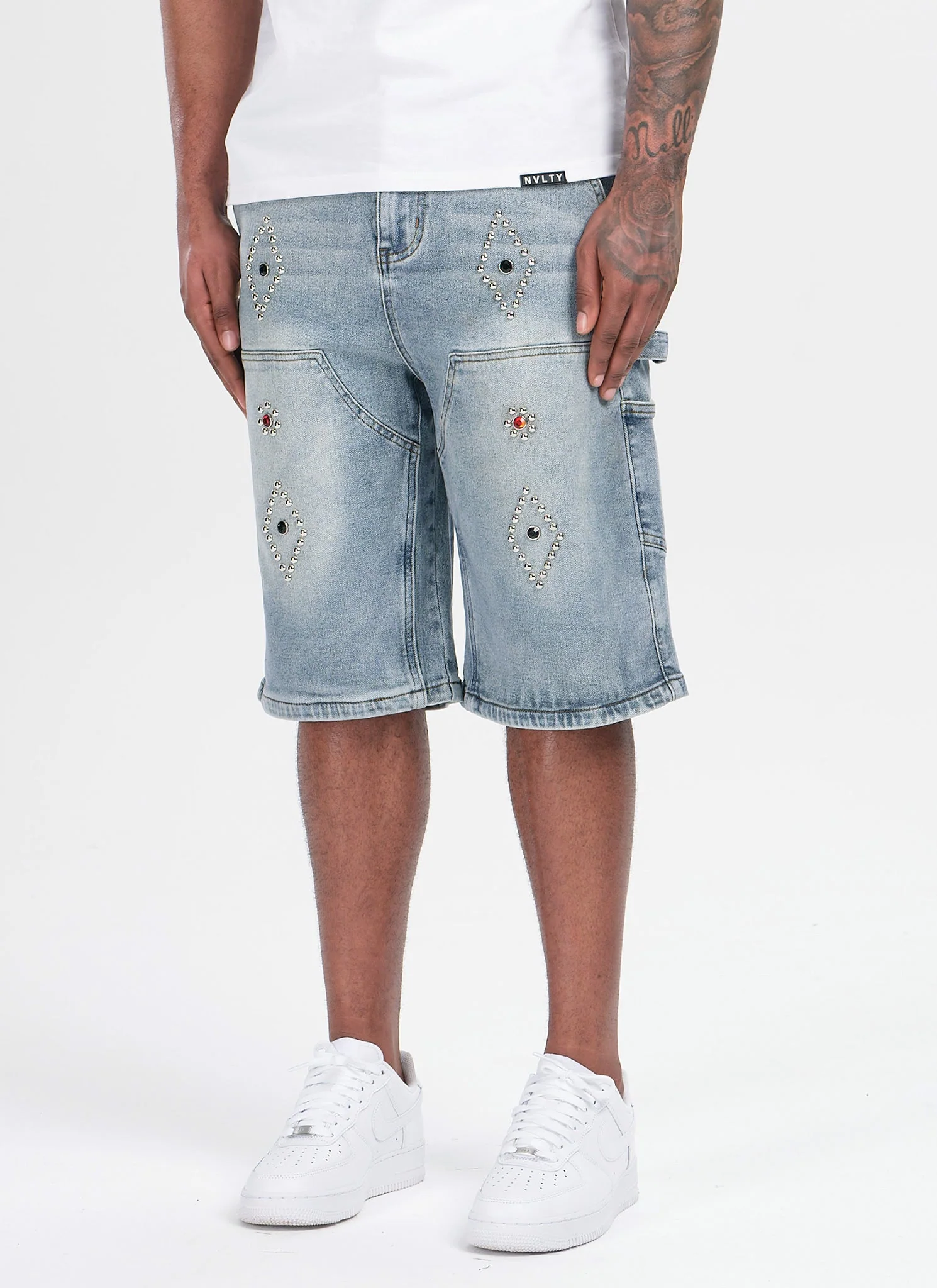 Vintage Carpenter Studded Denim Shorts - Blue - Image 3
