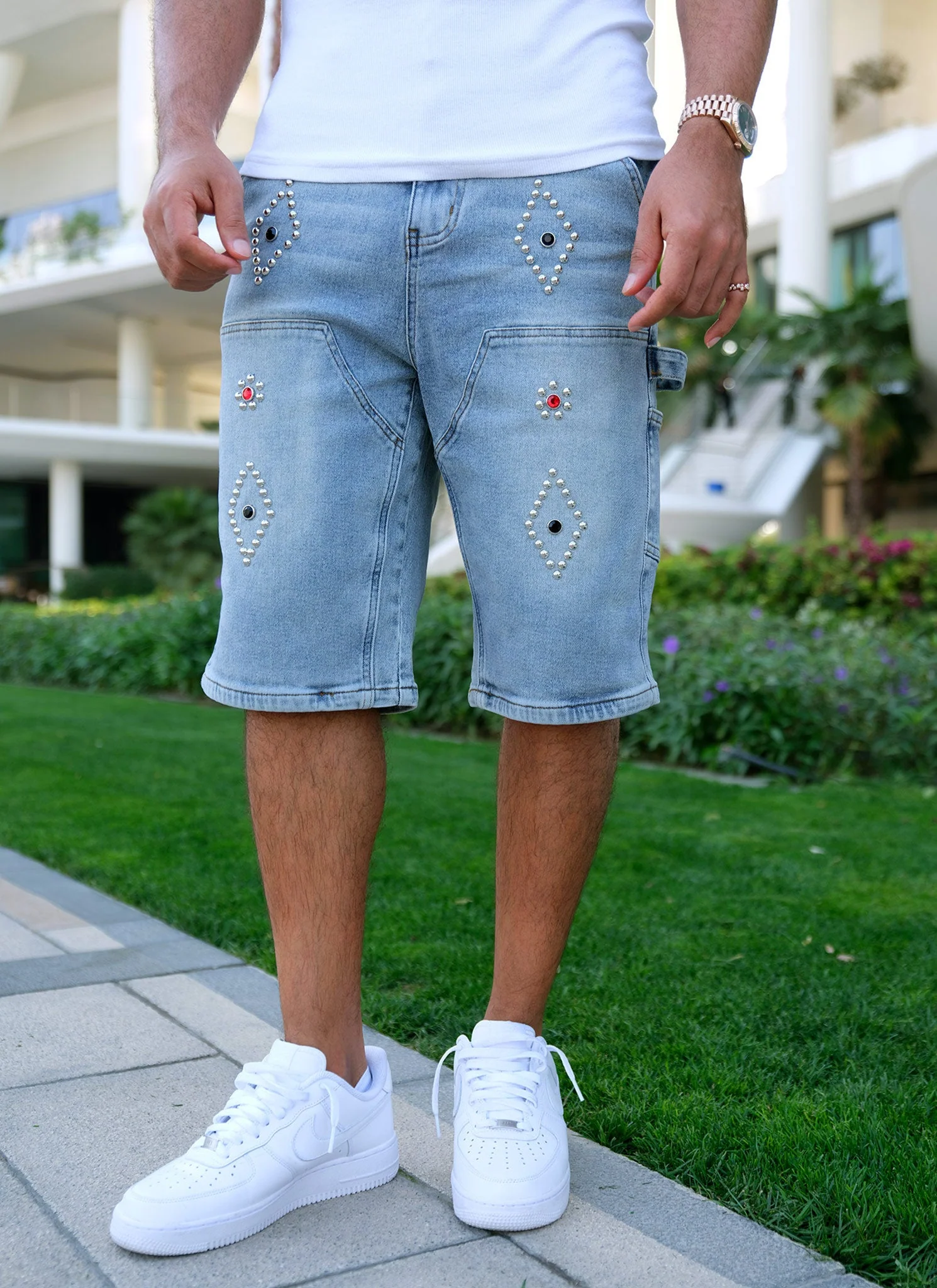 Vintage Carpenter Studded Denim Shorts - Blue - Image 4