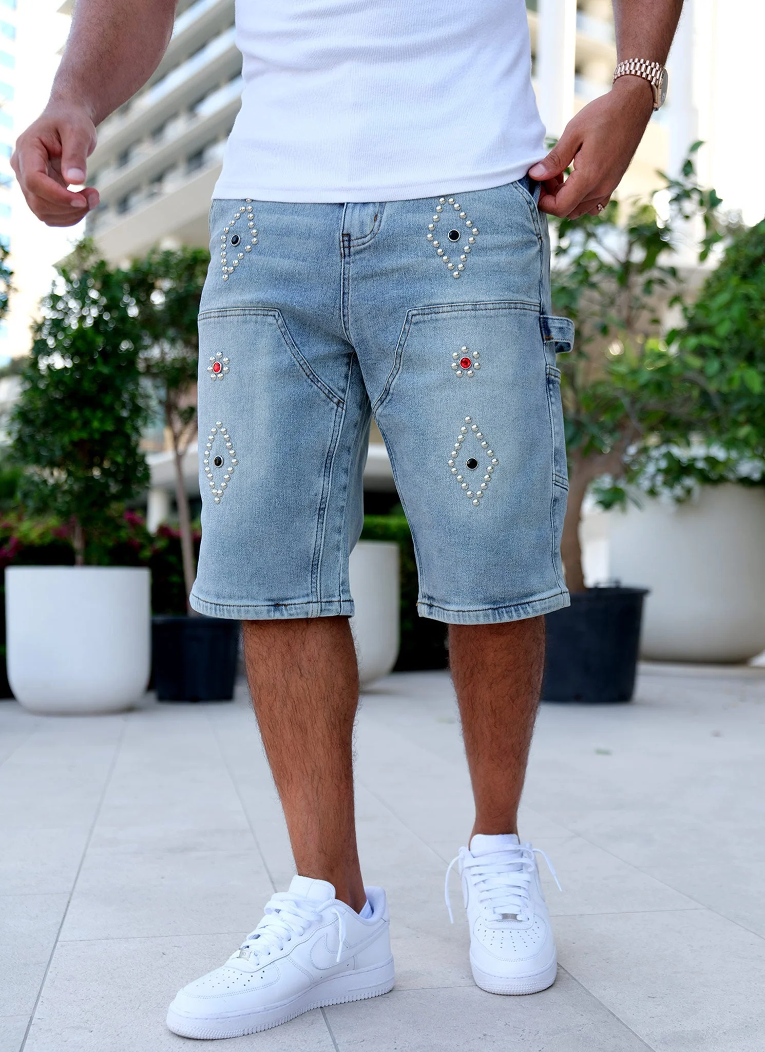 Vintage Carpenter Studded Denim Shorts - Blue - Image 7