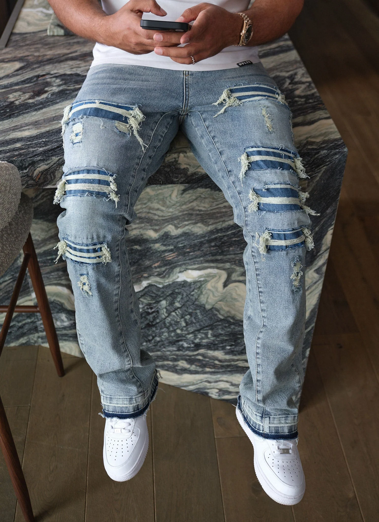 Vintage Flare Ripped & Repaired Jeans - Blue - Image 4