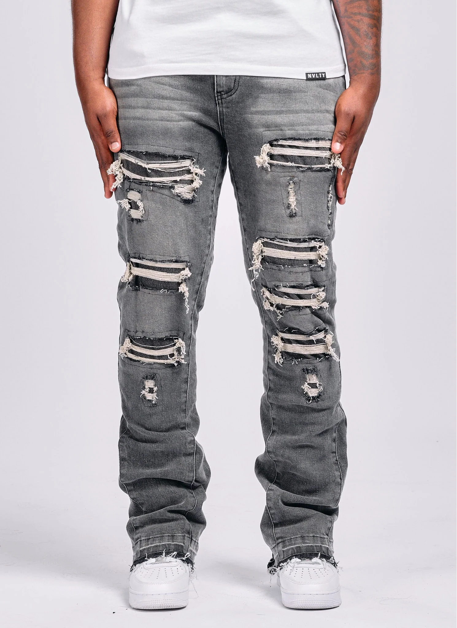 Vintage Flare Ripped & Repaired Jeans - Grey