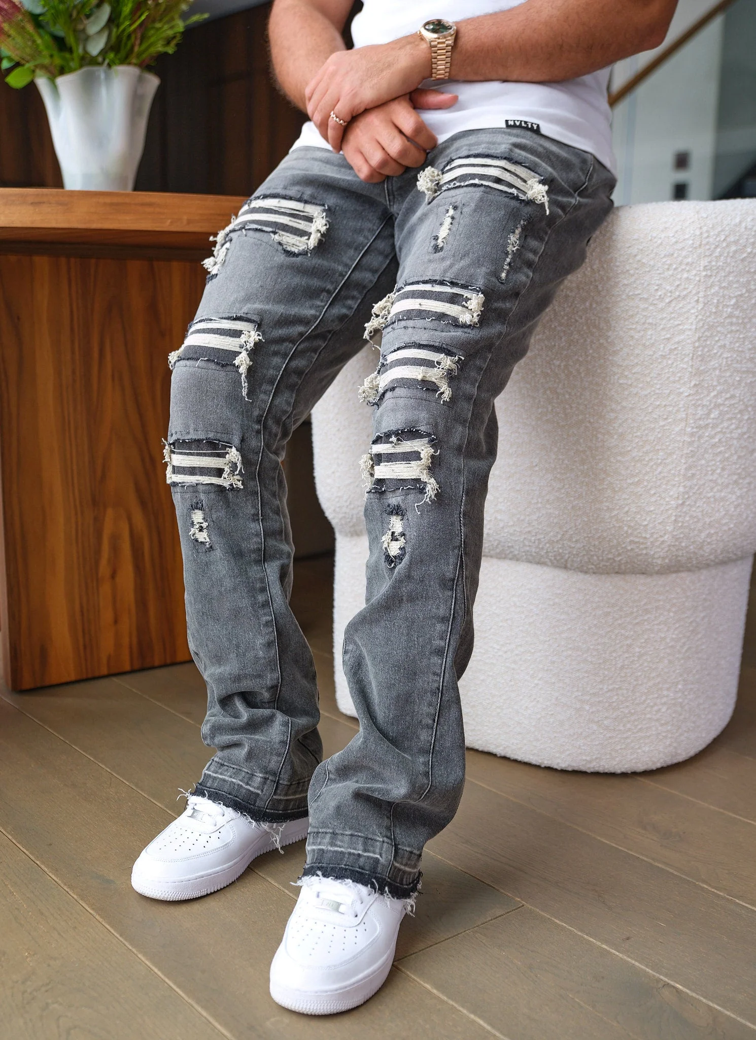 Vintage Flare Ripped & Repaired Jeans - Grey - Image 6