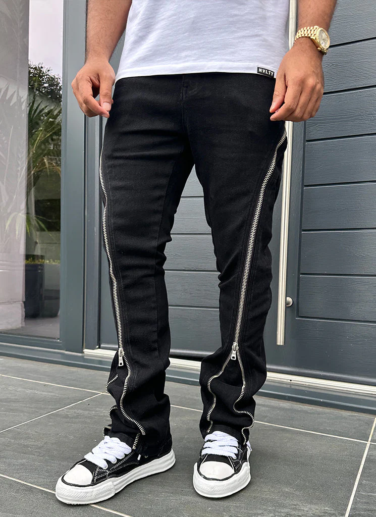 Vintage Flare Zipper Jeans - Black - Image 3